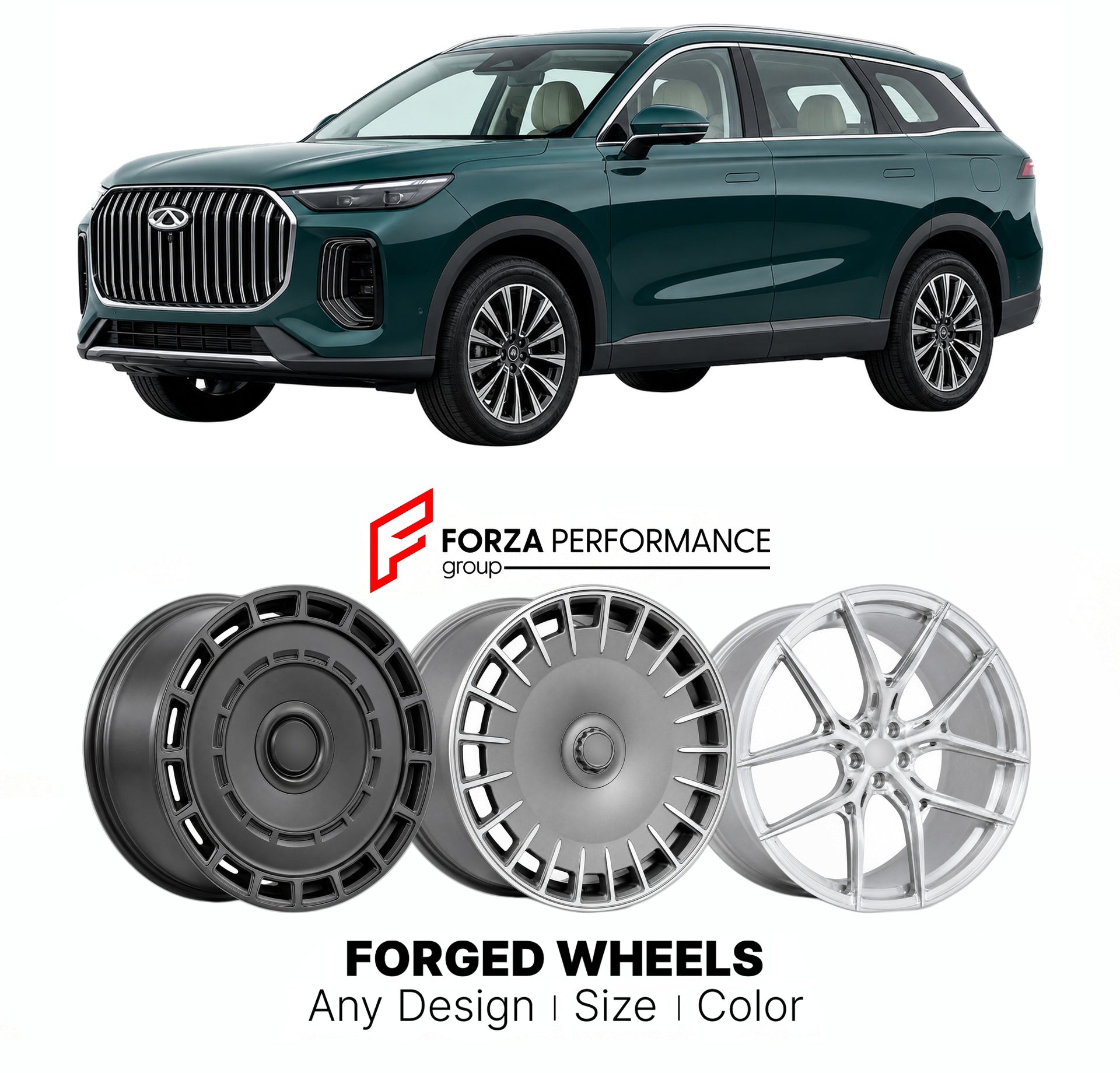 Custom forged wheels for Chery Tiggo 9 2023+. Made-to-order monoblock, 2-piece and 3-piece wheels in custom sizes, offsets, colors and finishes with guaranteed vehicle fitment.

We manufacture premium quality forged wheels rims for Chery Tiggo 9 2023+ in any design, size, color.

THIS WHEEL DESIGN CAN BE CUSTOM-MADE FOR YOUR CAR IN ANY SIZE AND COLOR OPTIONS
Available in monoblock, 2-piece, 3-piece, duoblock, beadlock
3D wheel renderings are provided according to the exact dimensions and specifications requ