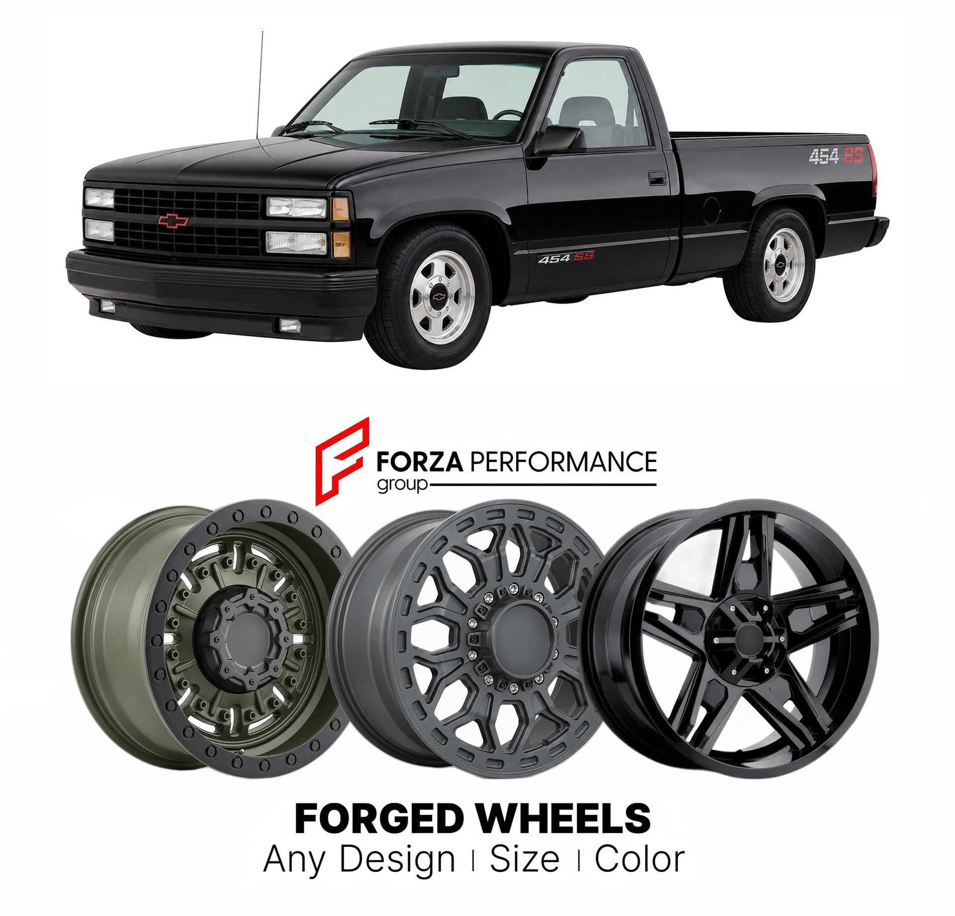 FORGED WHEELS RIMS for CHEVROLET 454 SS GMT400 SPORT PICKUP 1990 - 1993

Custom forged wheels for Chevrolet 454 SS GMT400 Sport Pickup 1990 - 1993. Made-to-order monoblock, 2-piece and 3-piece rims in custom sizes, offsets, colors and finishes with guaranteed fitment.

We manufacture premium quality forged wheels rims for Chevrolet 454 SS GMT400 Sport Pickup 1990 - 1993 in any design, size, color.

THIS WHEEL DESIGN CAN BE CUSTOM-MADE FOR YOUR CAR IN ANY SIZE AND COLOR OPTIONS
Available in monoblock, 2-piec