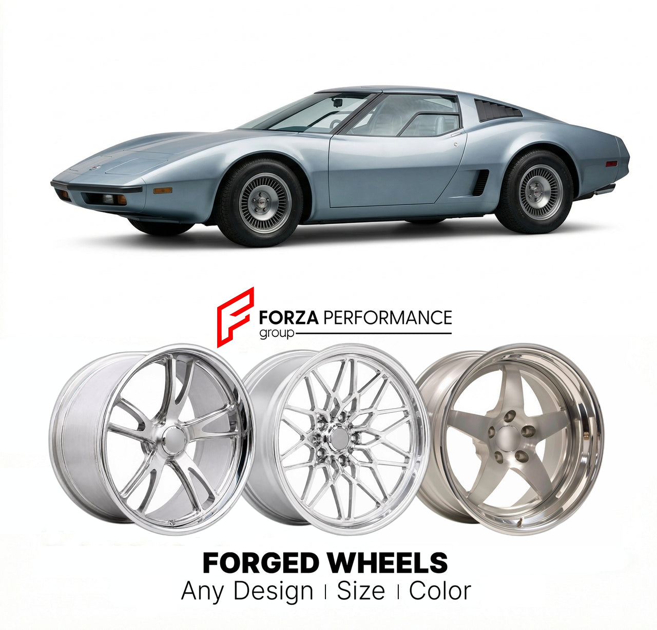 CUSTOM CLASSIC VINTAGE RESTOMOD RETRO OLD SCHOOL FORGED WHEELS RIMS for CHEVROLET AEROVETTE 1973 - 1976
Custom forged wheels for classic American muscle cars. Ideal for restomod builds, vintage restorations, and show cars. Deep dish and retro styling available.

We manufacture premium quality forged wheels rims for Chevrolet Aerovette 1973 - 1976 in any design, size, color.

THIS WHEEL DESIGN CAN BE CUSTOM-MADE FOR YOUR CAR IN ANY SIZE AND COLOR OPTIONS
Available in monoblock, 2-piece, 3-piece, duoblock, be