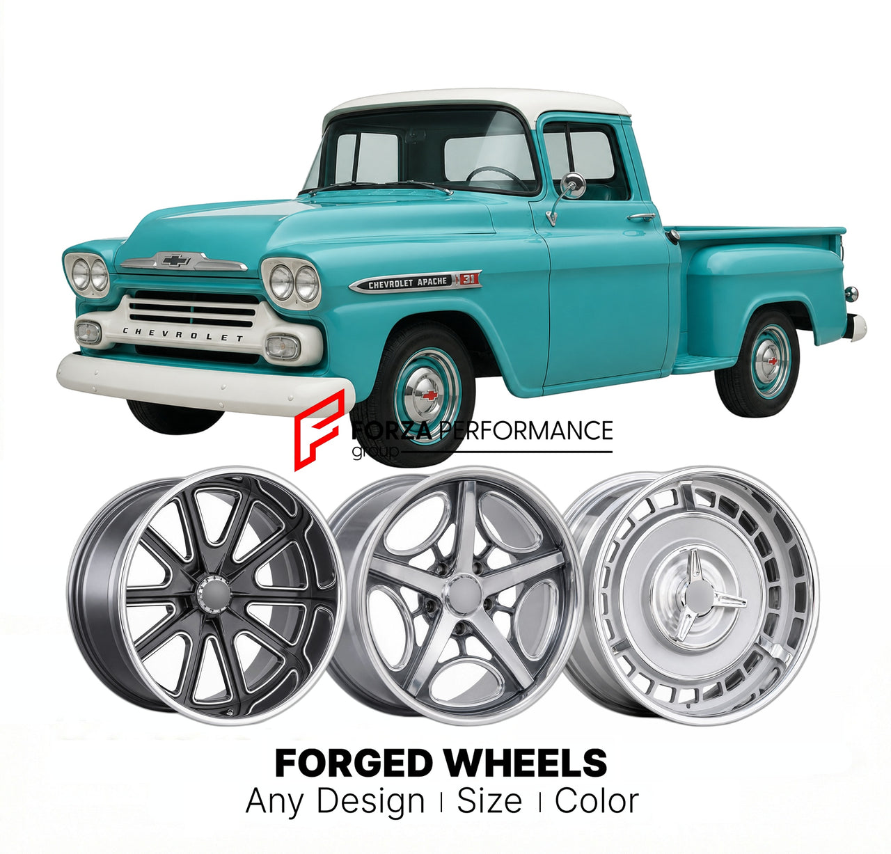 CUSTOM CLASSIC VINTAGE RESTOMOD RETRO OLD SCHOOL FORGED WHEELS RIMS for CHEVROLET APACHE 1958 - 1959
Custom forged wheels for classic American muscle cars. Ideal for restomod builds, vintage restorations, and show cars. Deep dish and retro styling available.

We manufacture premium quality forged wheels rims for Chevrolet Apache 1958 - 1959 in any design, size, color.

THIS WHEEL DESIGN CAN BE CUSTOM-MADE FOR YOUR CAR IN ANY SIZE AND COLOR OPTIONS
Available in monoblock, 2-piece, 3-piece, duoblock, beadlock