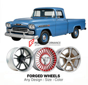 CUSTOM CLASSIC VINTAGE RESTOMOD RETRO OLD SCHOOL FORGED WHEELS RIMS for CHEVROLET APACHE 31 1959
Custom forged wheels for classic American muscle cars. Ideal for restomod builds, vintage restorations, and show cars. Deep dish and retro styling available.

We manufacture premium quality forged wheels rims for Chevrolet Apache 31 1959 in any design, size, color.

THIS WHEEL DESIGN CAN BE CUSTOM-MADE FOR YOUR CAR IN ANY SIZE AND COLOR OPTIONS
Available in monoblock, 2-piece, 3-piece, duoblock, beadlock
3D whee