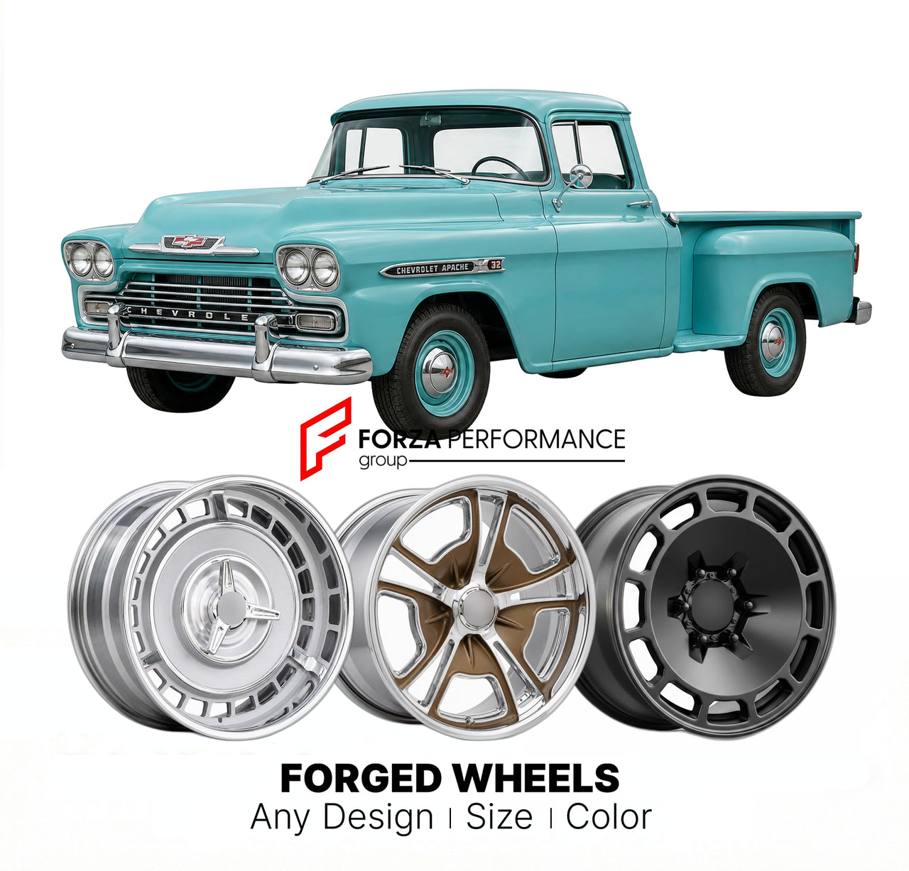 CUSTOM CLASSIC VINTAGE RESTOMOD RETRO OLD SCHOOL FORGED WHEELS RIMS for CHEVROLET APACHE 32 1959
Custom forged wheels for classic American muscle cars. Ideal for restomod builds, vintage restorations, and show cars. Deep dish and retro styling available.

We manufacture premium quality forged wheels rims for Chevrolet Apache 32 1959 in any design, size, color.

THIS WHEEL DESIGN CAN BE CUSTOM-MADE FOR YOUR CAR IN ANY SIZE AND COLOR OPTIONS
Available in monoblock, 2-piece, 3-piece, duoblock, beadlock
3D whee