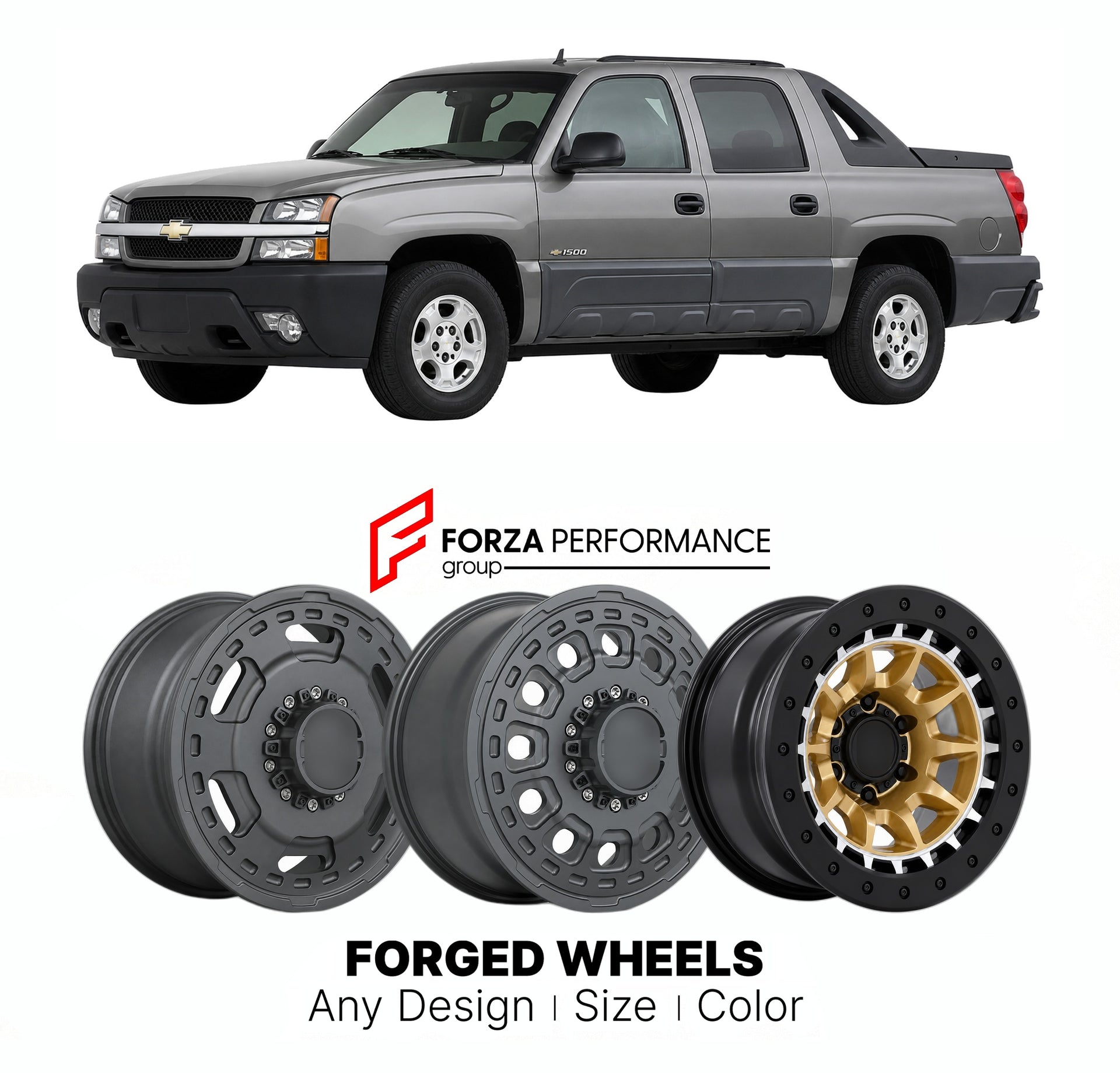 FORGED WHEELS RIMS for CHEVROLET AVALANCHE 1500 2002 - 2013

Custom forged wheels for Chevrolet Avalanche 1500 2002 - 2013. Made-to-order monoblock, 2-piece and 3-piece rims in custom sizes, offsets, colors and finishes with guaranteed fitment.

We manufacture premium quality forged wheels rims for Chevrolet Avalanche 1500 2002 - 2013 in any design, size, color.

THIS WHEEL DESIGN CAN BE CUSTOM-MADE FOR YOUR CAR IN ANY SIZE AND COLOR OPTIONS
Available in monoblock, 2-piece, 3-piece, duoblock, beadlock
3D wh