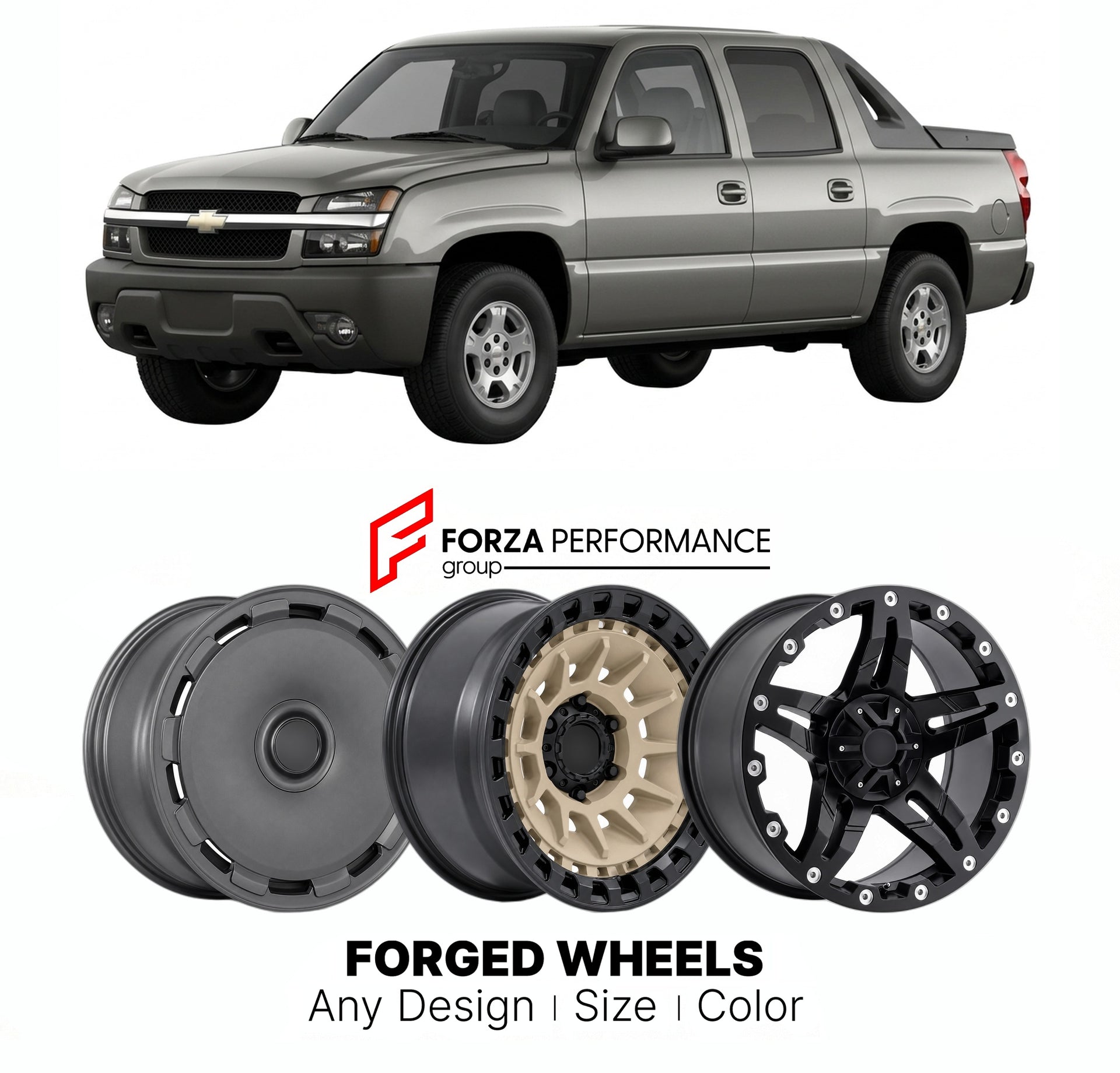 FORGED WHEELS RIMS for CHEVROLET AVALANCHE 2002 - 2006

Custom forged wheels for Chevrolet Avalanche 2002 - 2006. Made-to-order monoblock, 2-piece and 3-piece rims in custom sizes, offsets, colors and finishes with guaranteed fitment.

We manufacture premium quality forged wheels rims for Chevrolet Avalanche 2002 - 2006 in any design, size, color.

THIS WHEEL DESIGN CAN BE CUSTOM-MADE FOR YOUR CAR IN ANY SIZE AND COLOR OPTIONS
Available in monoblock, 2-piece, 3-piece, duoblock, beadlock
3D wheel renderings 