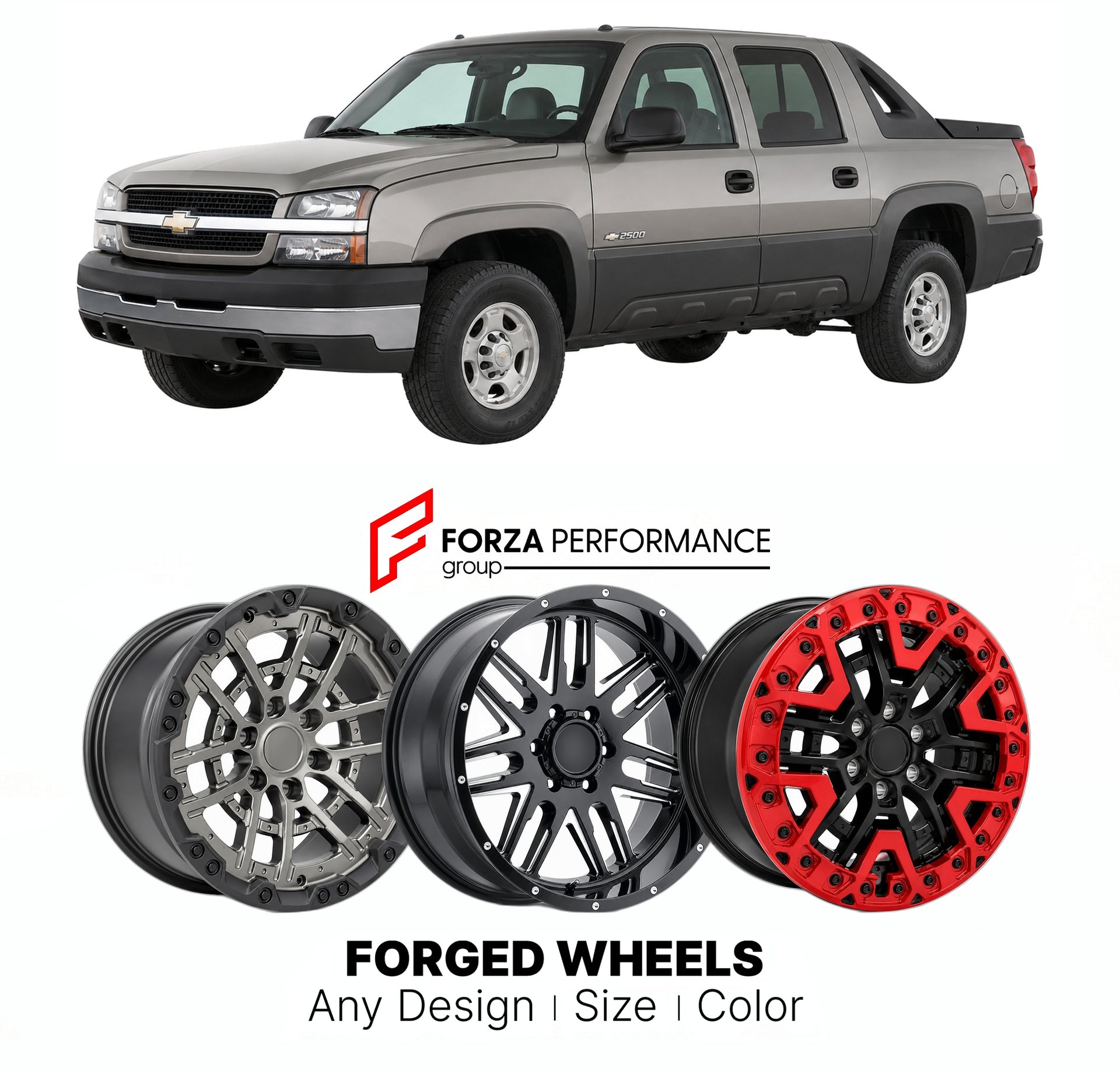 FORGED WHEELS RIMS for CHEVROLET AVALANCHE 2500 2002 - 2013

Custom forged wheels for Chevrolet Avalanche 2500 2002 - 2013. Made-to-order monoblock, 2-piece and 3-piece rims in custom sizes, offsets, colors and finishes with guaranteed fitment.

We manufacture premium quality forged wheels rims for Chevrolet Avalanche 2500 2002 - 2013 in any design, size, color.

THIS WHEEL DESIGN CAN BE CUSTOM-MADE FOR YOUR CAR IN ANY SIZE AND COLOR OPTIONS
Available in monoblock, 2-piece, 3-piece, duoblock, beadlock
3D wh