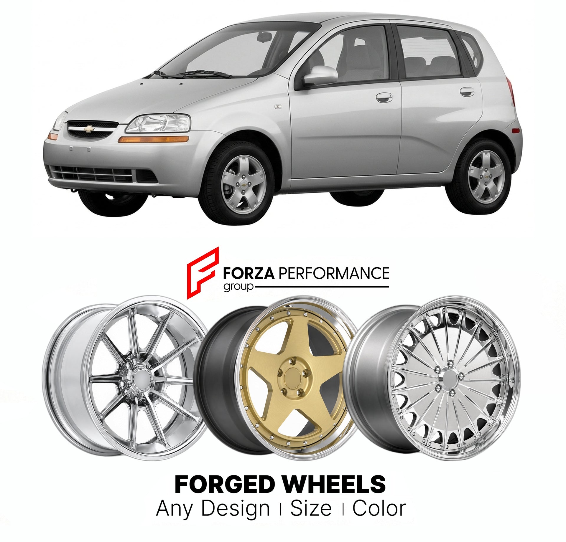 FORGED WHEELS RIMS for CHEVROLET AVEO 2004 - 2011

Custom forged wheels for Chevrolet Aveo 2004 - 2011. Made-to-order monoblock, 2-piece and 3-piece rims in custom sizes, offsets, colors and finishes with guaranteed fitment.

We manufacture premium quality forged wheels rims for Chevrolet Aveo 2004 - 2011 in any design, size, color.

THIS WHEEL DESIGN CAN BE CUSTOM-MADE FOR YOUR CAR IN ANY SIZE AND COLOR OPTIONS
Available in monoblock, 2-piece, 3-piece, duoblock, beadlock
3D wheel renderings are provided ac