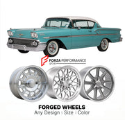 CUSTOM CLASSIC VINTAGE RESTOMOD RETRO OLD SCHOOL FORGED WHEELS RIMS for CHEVROLET BEL AIR 1958 - 1981
Custom forged wheels for classic American muscle cars. Ideal for restomod builds, vintage restorations, and show cars. Deep dish and retro styling available.

We manufacture premium quality forged wheels rims for Chevrolet Bel Air 1958 - 1981 in any design, size, color.

THIS WHEEL DESIGN CAN BE CUSTOM-MADE FOR YOUR CAR IN ANY SIZE AND COLOR OPTIONS
Available in monoblock, 2-piece, 3-piece, duoblock, beadlo