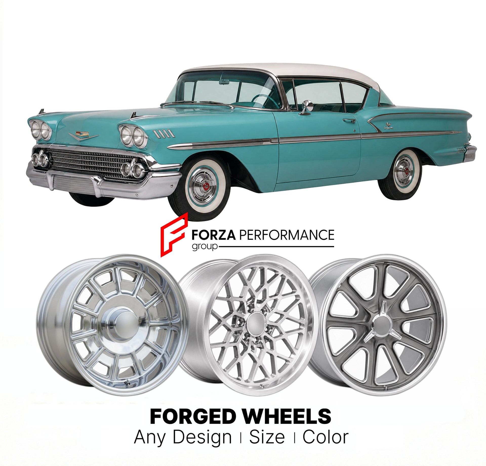CUSTOM CLASSIC VINTAGE RESTOMOD RETRO OLD SCHOOL FORGED WHEELS RIMS for CHEVROLET BEL AIR 1958 - 1981
Custom forged wheels for classic American muscle cars. Ideal for restomod builds, vintage restorations, and show cars. Deep dish and retro styling available.

We manufacture premium quality forged wheels rims for Chevrolet Bel Air 1958 - 1981 in any design, size, color.

THIS WHEEL DESIGN CAN BE CUSTOM-MADE FOR YOUR CAR IN ANY SIZE AND COLOR OPTIONS
Available in monoblock, 2-piece, 3-piece, duoblock, beadlo