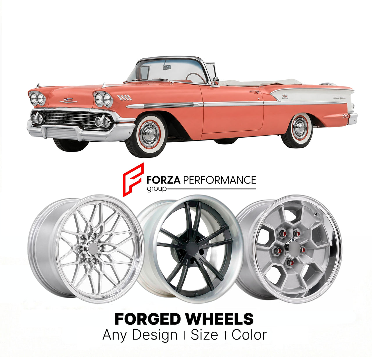 CUSTOM CLASSIC VINTAGE RESTOMOD RETRO OLD SCHOOL FORGED WHEELS RIMS for CHEVROLET BEL AIR CONVERTIBLE 1958 - 1975
Custom forged wheels for classic American muscle cars. Ideal for restomod builds, vintage restorations, and show cars. Deep dish and retro styling available.

We manufacture premium quality forged wheels rims for Chevrolet Bel Air Convertible 1958 - 1975 in any design, size, color.

THIS WHEEL DESIGN CAN BE CUSTOM-MADE FOR YOUR CAR IN ANY SIZE AND COLOR OPTIONS
Available in monoblock, 2-piece, 3