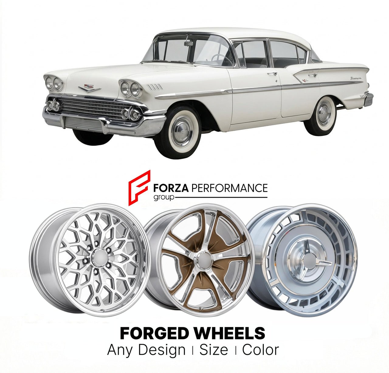 CUSTOM CLASSIC VINTAGE RESTOMOD RETRO OLD SCHOOL FORGED WHEELS RIMS for CHEVROLET BISCAYNE 1958 - 1975
Custom forged wheels for classic American muscle cars. Ideal for restomod builds, vintage restorations, and show cars. Deep dish and retro styling available.

We manufacture premium quality forged wheels rims for Chevrolet Biscayne 1958 - 1975 in any design, size, color.

THIS WHEEL DESIGN CAN BE CUSTOM-MADE FOR YOUR CAR IN ANY SIZE AND COLOR OPTIONS
Available in monoblock, 2-piece, 3-piece, duoblock, bead