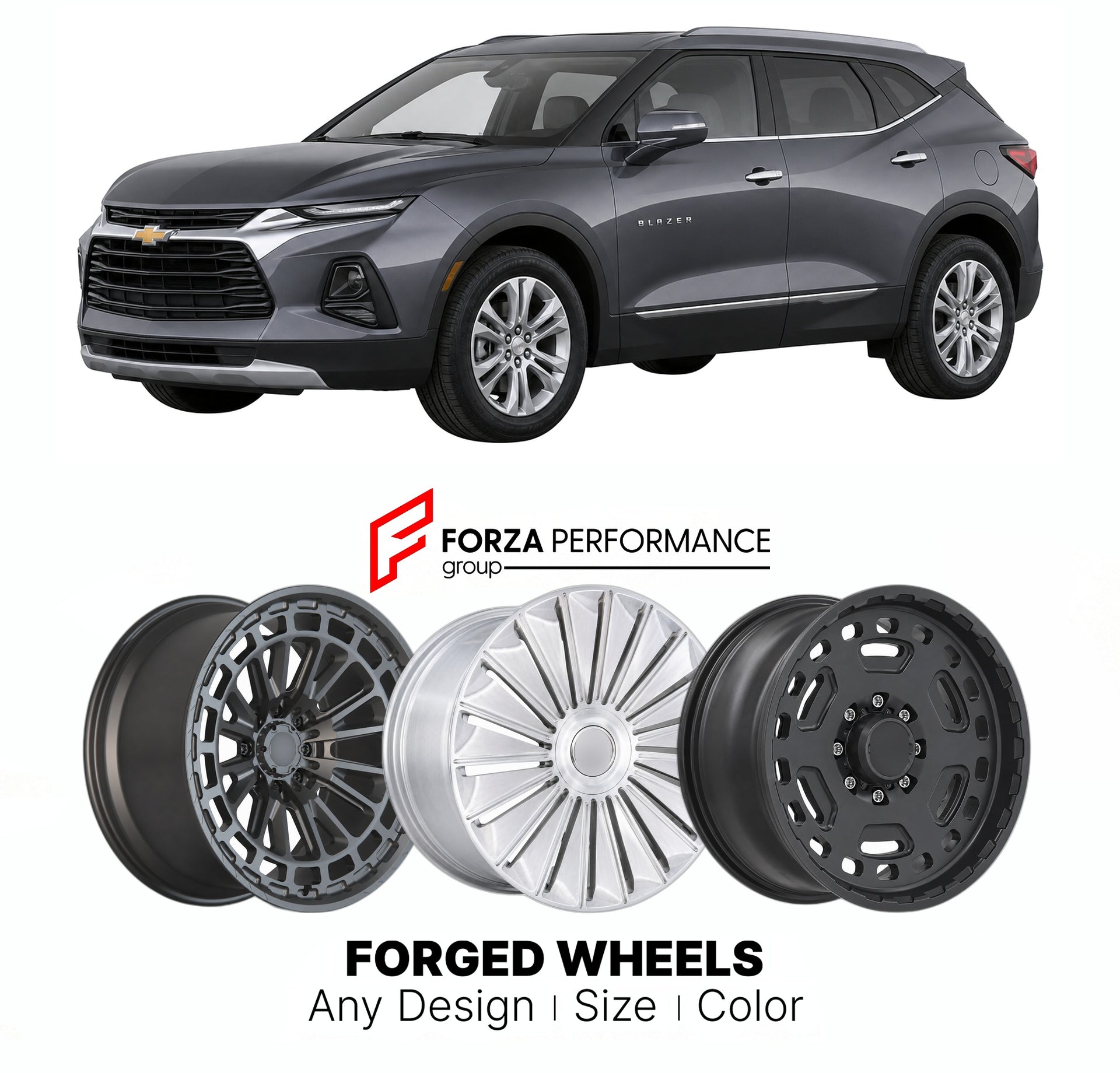 FORGED WHEELS RIMS for CHEVROLET BLAZER PREMIER MODERN CROSSOVER 2019+

Custom forged wheels for Chevrolet Blazer Premier Modern Crossover 2019+. Made-to-order monoblock, 2-piece and 3-piece rims in custom sizes, offsets, colors and finishes with guaranteed fitment.

We manufacture premium quality forged wheels rims for Chevrolet Blazer Premier Modern Crossover 2019+ in any design, size, color.

THIS WHEEL DESIGN CAN BE CUSTOM-MADE FOR YOUR CAR IN ANY SIZE AND COLOR OPTIONS
Available in monoblock, 2-piece, 