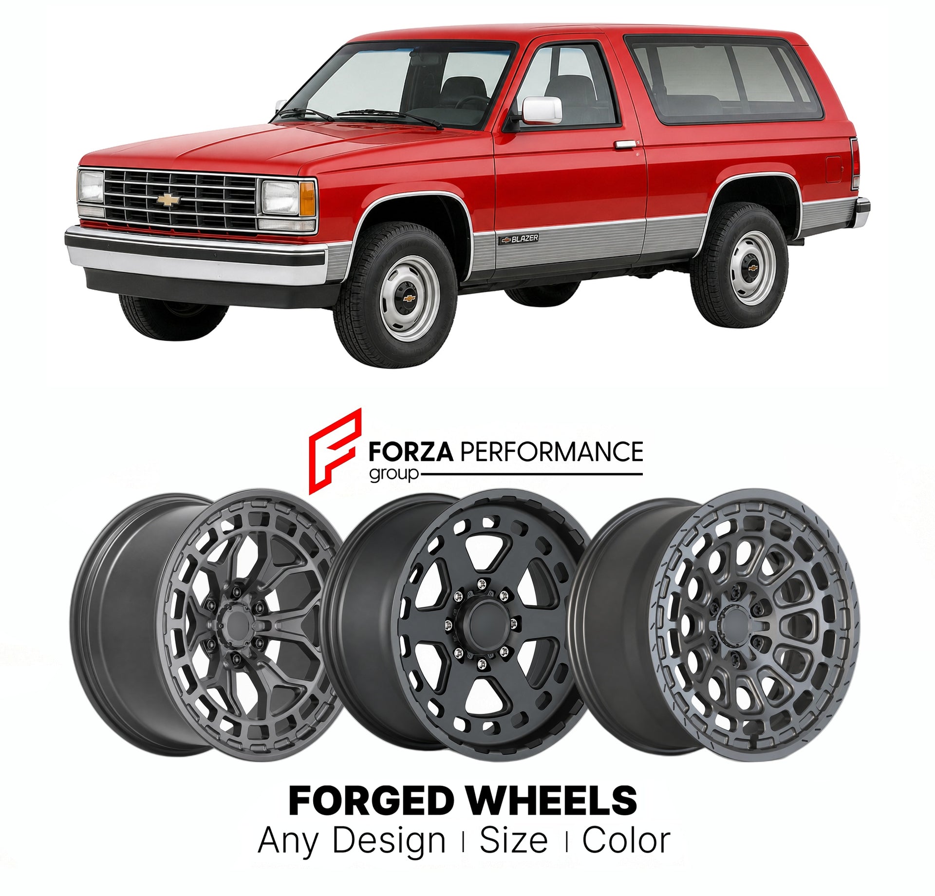 FORGED WHEELS RIMS for CHEVROLET BLAZER SPORT K5 1990 - 1994

Custom forged wheels for Chevrolet Blazer Sport K5 1990 - 1994. Made-to-order monoblock, 2-piece and 3-piece rims in custom sizes, offsets, colors and finishes with guaranteed fitment.

We manufacture premium quality forged wheels rims for Chevrolet Blazer Sport K5 1990 - 1994 in any design, size, color.

THIS WHEEL DESIGN CAN BE CUSTOM-MADE FOR YOUR CAR IN ANY SIZE AND COLOR OPTIONS
Available in monoblock, 2-piece, 3-piece, duoblock, beadlock
3D