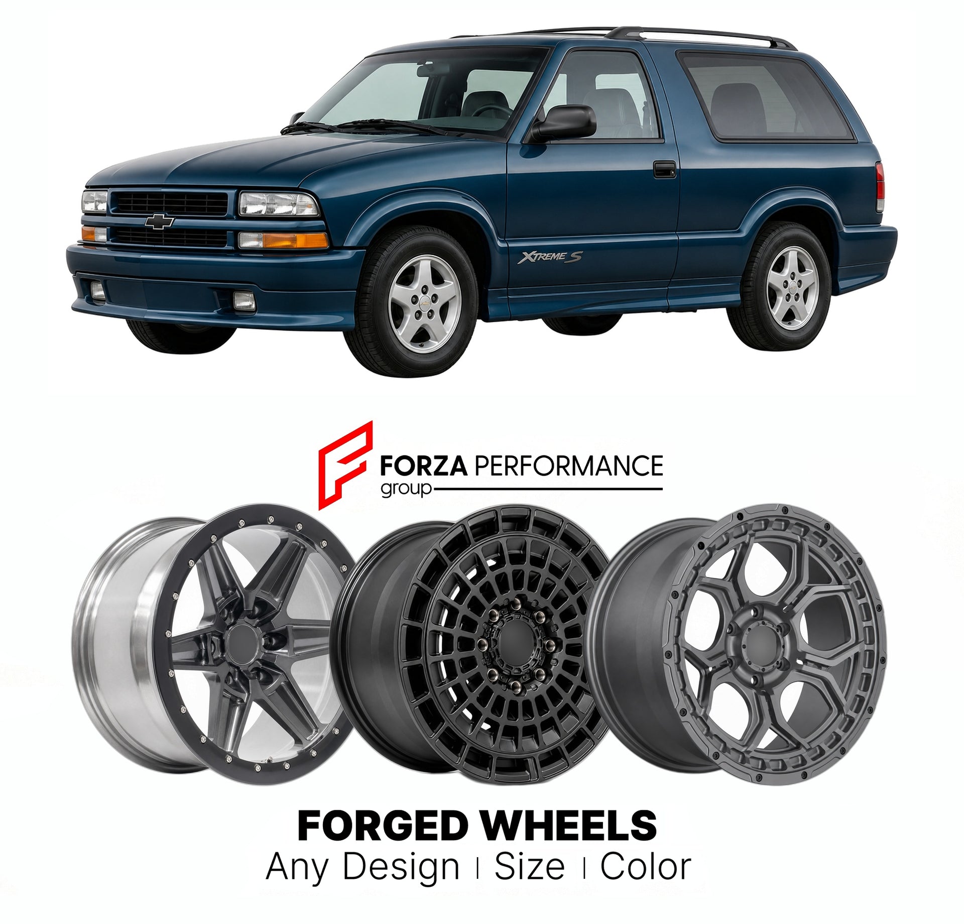 FORGED WHEELS RIMS for CHEVROLET BLAZER XTREME S 1995 - 2005

Custom forged wheels for Chevrolet Blazer Xtreme S 1995 - 2005. Made-to-order monoblock, 2-piece and 3-piece rims in custom sizes, offsets, colors and finishes with guaranteed fitment.

We manufacture premium quality forged wheels rims for Chevrolet Blazer Xtreme S 1995 - 2005 in any design, size, color.

THIS WHEEL DESIGN CAN BE CUSTOM-MADE FOR YOUR CAR IN ANY SIZE AND COLOR OPTIONS
Available in monoblock, 2-piece, 3-piece, duoblock, beadlock
3D
