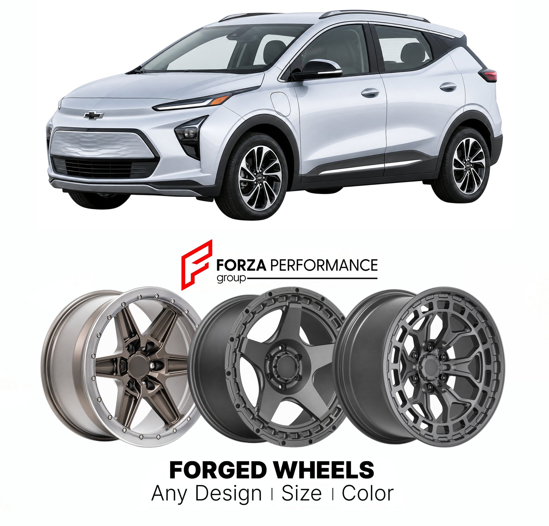 FORGED WHEELS RIMS for CHEVROLET BOLT EUV PREMIER 2022 - 2023

Custom forged wheels for Chevrolet Bolt EUV Premier 2022 - 2023. Made-to-order monoblock, 2-piece and 3-piece rims in custom sizes, offsets, colors and finishes with guaranteed fitment.

We manufacture premium quality forged wheels rims for Chevrolet Bolt EUV Premier 2022 - 2023 in any design, size, color.

THIS WHEEL DESIGN CAN BE CUSTOM-MADE FOR YOUR CAR IN ANY SIZE AND COLOR OPTIONS
Available in monoblock, 2-piece, 3-piece, duoblock, beadlock