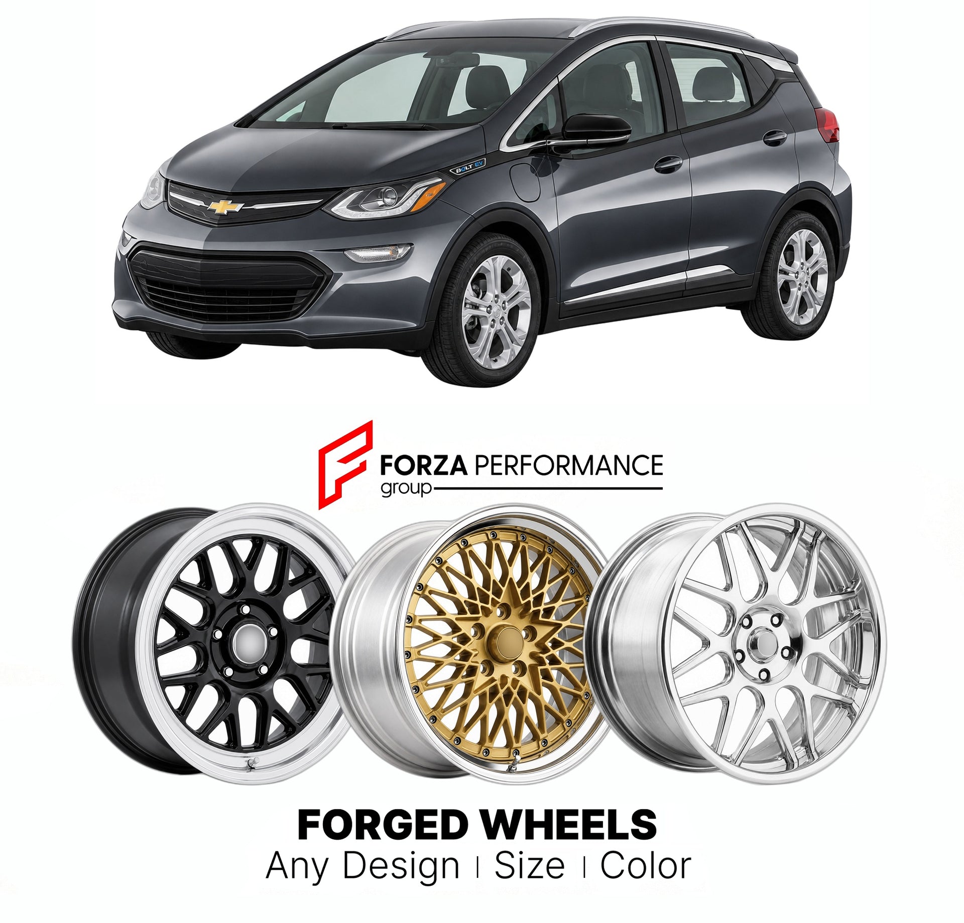FORGED WHEELS RIMS for CHEVROLET BOLT EV LT 2017 - 2023

Custom forged wheels for Chevrolet Bolt EV LT 2017 - 2023. Made-to-order monoblock, 2-piece and 3-piece rims in custom sizes, offsets, colors and finishes with guaranteed fitment.

We manufacture premium quality forged wheels rims for Chevrolet Bolt EV LT 2017 - 2023 in any design, size, color.

THIS WHEEL DESIGN CAN BE CUSTOM-MADE FOR YOUR CAR IN ANY SIZE AND COLOR OPTIONS
Available in monoblock, 2-piece, 3-piece, duoblock, beadlock
3D wheel renderin