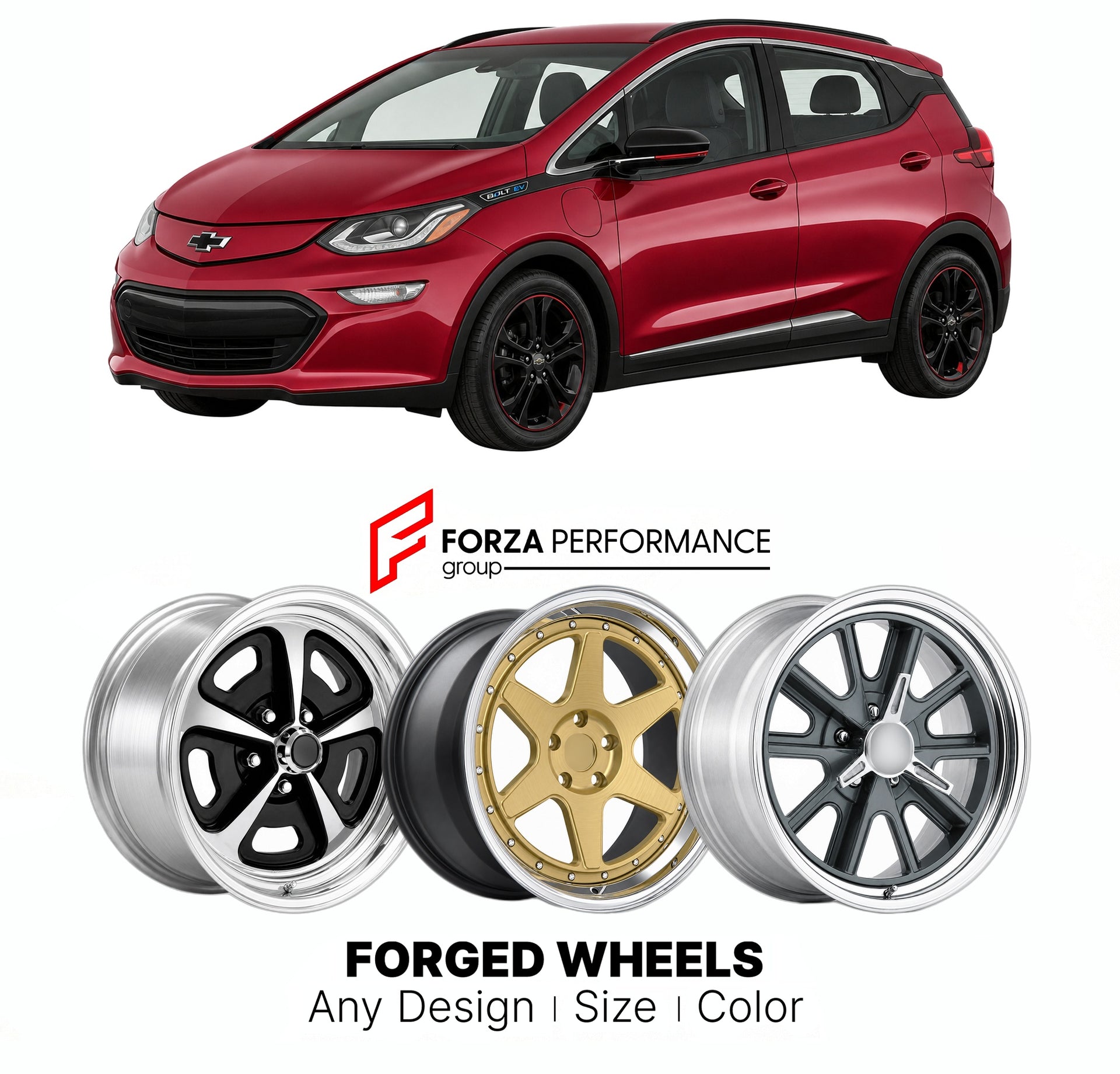 FORGED WHEELS RIMS for CHEVROLET BOLT EV REDLINE EDITION 2017 - 2023

Custom forged wheels for Chevrolet Bolt EV Redline Edition 2017 - 2023. Made-to-order monoblock, 2-piece and 3-piece rims in custom sizes, offsets, colors and finishes with guaranteed fitment.

We manufacture premium quality forged wheels rims for Chevrolet Bolt EV Redline Edition 2017 - 2023 in any design, size, color.

THIS WHEEL DESIGN CAN BE CUSTOM-MADE FOR YOUR CAR IN ANY SIZE AND COLOR OPTIONS
Available in monoblock, 2-piece, 3-piec