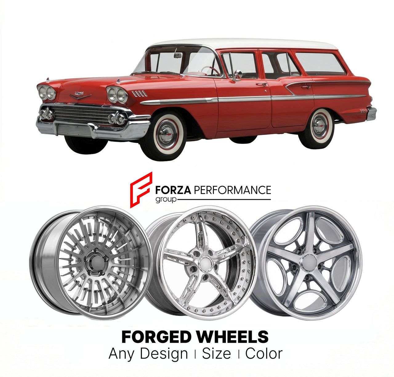 CUSTOM CLASSIC VINTAGE RESTOMOD RETRO OLD SCHOOL FORGED WHEELS RIMS for CHEVROLET BROOKWOOD 1958 - 1961
Custom forged wheels for classic American muscle cars. Ideal for restomod builds, vintage restorations, and show cars. Deep dish and retro styling available.

We manufacture premium quality forged wheels rims for Chevrolet Brookwood 1958 - 1961 in any design, size, color.

THIS WHEEL DESIGN CAN BE CUSTOM-MADE FOR YOUR CAR IN ANY SIZE AND COLOR OPTIONS
Available in monoblock, 2-piece, 3-piece, duoblock, be