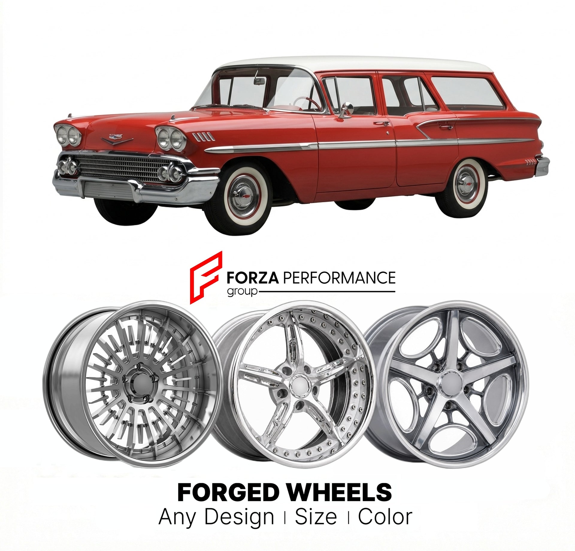 CUSTOM CLASSIC VINTAGE RESTOMOD RETRO OLD SCHOOL FORGED WHEELS RIMS for CHEVROLET BROOKWOOD 1958 - 1961
Custom forged wheels for classic American muscle cars. Ideal for restomod builds, vintage restorations, and show cars. Deep dish and retro styling available.

We manufacture premium quality forged wheels rims for Chevrolet Brookwood 1958 - 1961 in any design, size, color.

THIS WHEEL DESIGN CAN BE CUSTOM-MADE FOR YOUR CAR IN ANY SIZE AND COLOR OPTIONS
Available in monoblock, 2-piece, 3-piece, duoblock, be