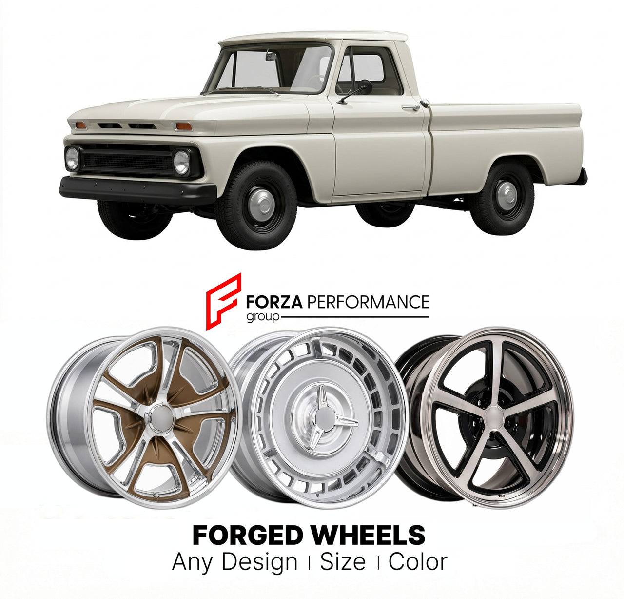CUSTOM CLASSIC VINTAGE RESTOMOD RETRO OLD SCHOOL FORGED WHEELS RIMS for CHEVROLET C10 1960 - 1966
Custom forged wheels for classic American muscle cars. Ideal for restomod builds, vintage restorations, and show cars. Deep dish and retro styling available.

We manufacture premium quality forged wheels rims for Chevrolet C10 1960 - 1966 in any design, size, color.

THIS WHEEL DESIGN CAN BE CUSTOM-MADE FOR YOUR CAR IN ANY SIZE AND COLOR OPTIONS
Available in monoblock, 2-piece, 3-piece, duoblock, beadlock
3D wh