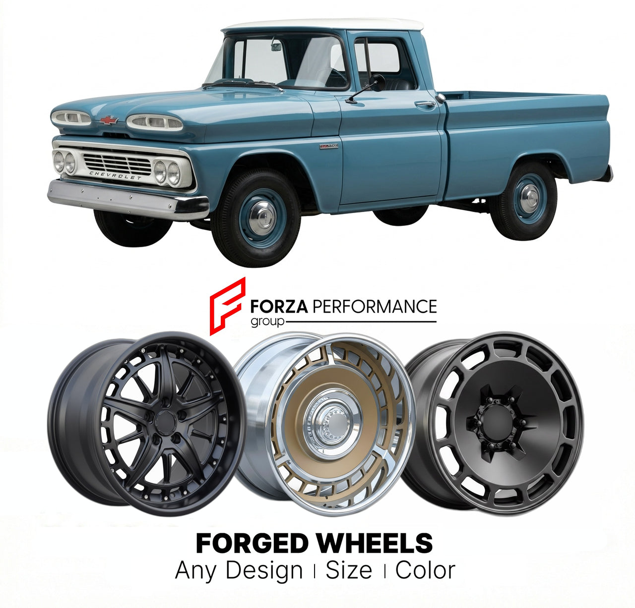 CUSTOM CLASSIC VINTAGE RESTOMOD RETRO OLD SCHOOL FORGED WHEELS RIMS for CHEVROLET C20 1960 - 1966
Custom forged wheels for classic American muscle cars. Ideal for restomod builds, vintage restorations, and show cars. Deep dish and retro styling available.

We manufacture premium quality forged wheels rims for Chevrolet C20 1960 - 1966 in any design, size, color.

THIS WHEEL DESIGN CAN BE CUSTOM-MADE FOR YOUR CAR IN ANY SIZE AND COLOR OPTIONS
Available in monoblock, 2-piece, 3-piece, duoblock, beadlock
3D wh