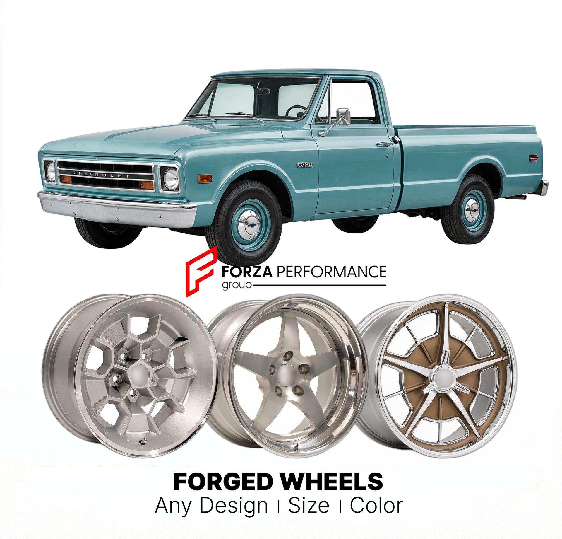 CUSTOM CLASSIC VINTAGE RESTOMOD RETRO OLD SCHOOL FORGED WHEELS RIMS for CHEVROLET C20 1967 - 1972
Custom forged wheels for classic American muscle cars. Ideal for restomod builds, vintage restorations, and show cars. Deep dish and retro styling available.

We manufacture premium quality forged wheels rims for Chevrolet C20 1967 - 1972 in any design, size, color.

THIS WHEEL DESIGN CAN BE CUSTOM-MADE FOR YOUR CAR IN ANY SIZE AND COLOR OPTIONS
Available in monoblock, 2-piece, 3-piece, duoblock, beadlock
3D wh