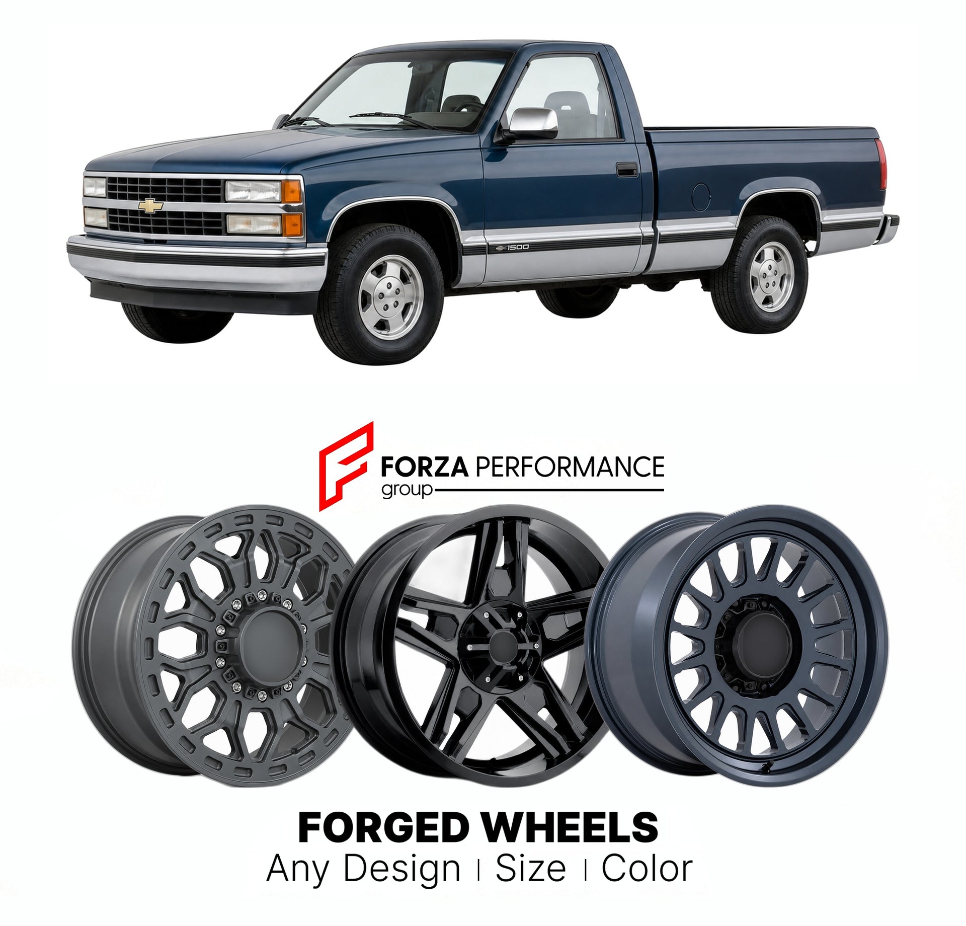 FORGED WHEELS RIMS for CHEVROLET C K 1500 GMT400 1990 - 1998

Custom forged wheels for Chevrolet C K 1500 GMT400 1990 - 1998. Made-to-order monoblock, 2-piece and 3-piece rims in custom sizes, offsets, colors and finishes with guaranteed fitment.

We manufacture premium quality forged wheels rims for Chevrolet C K 1500 GMT400 1990 - 1998 in any design, size, color.

THIS WHEEL DESIGN CAN BE CUSTOM-MADE FOR YOUR CAR IN ANY SIZE AND COLOR OPTIONS
Available in monoblock, 2-piece, 3-piece, duoblock, beadlock
3D