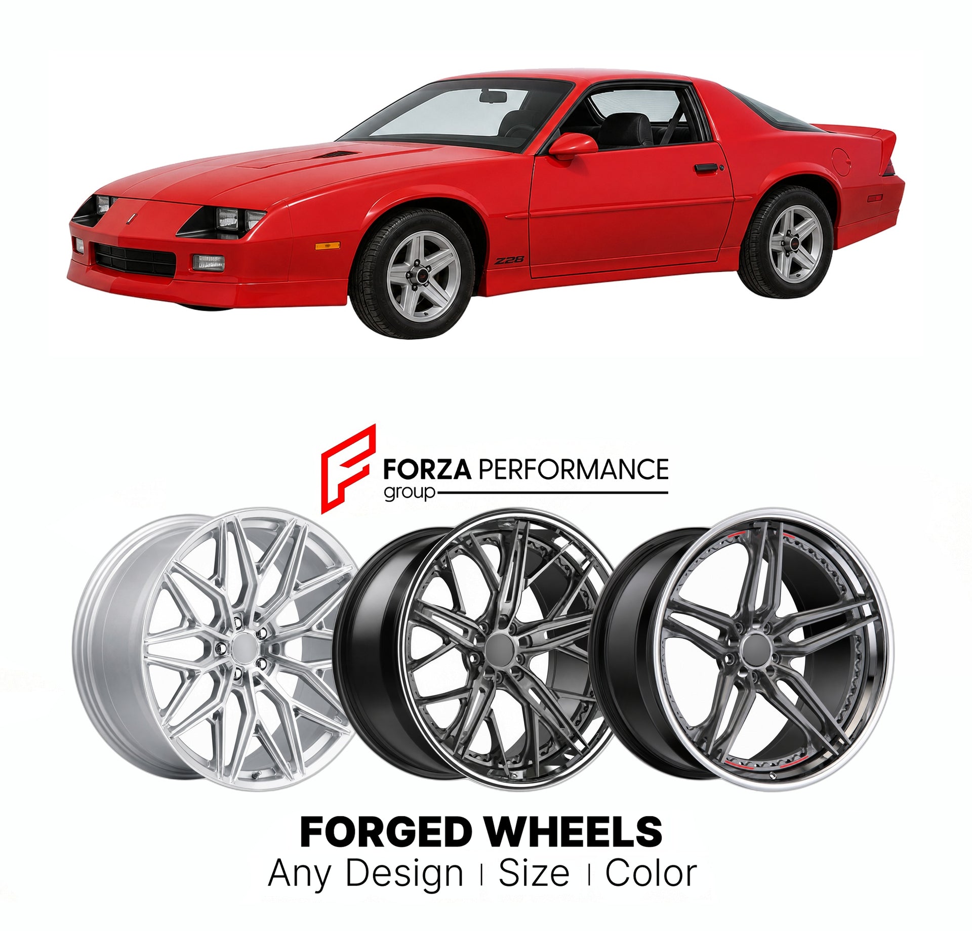 FORGED WHEELS RIMS for CHEVROLET CAMARO 1990 - 1992

Custom forged wheels for Chevrolet Camaro 1990 - 1992. Made-to-order monoblock, 2-piece and 3-piece rims in custom sizes, offsets, colors and finishes with guaranteed fitment.

We manufacture premium quality forged wheels rims for Chevrolet Camaro 1990 - 1992 in any design, size, color.

THIS WHEEL DESIGN CAN BE CUSTOM-MADE FOR YOUR CAR IN ANY SIZE AND COLOR OPTIONS
Available in monoblock, 2-piece, 3-piece, duoblock, beadlock
3D wheel renderings are provi