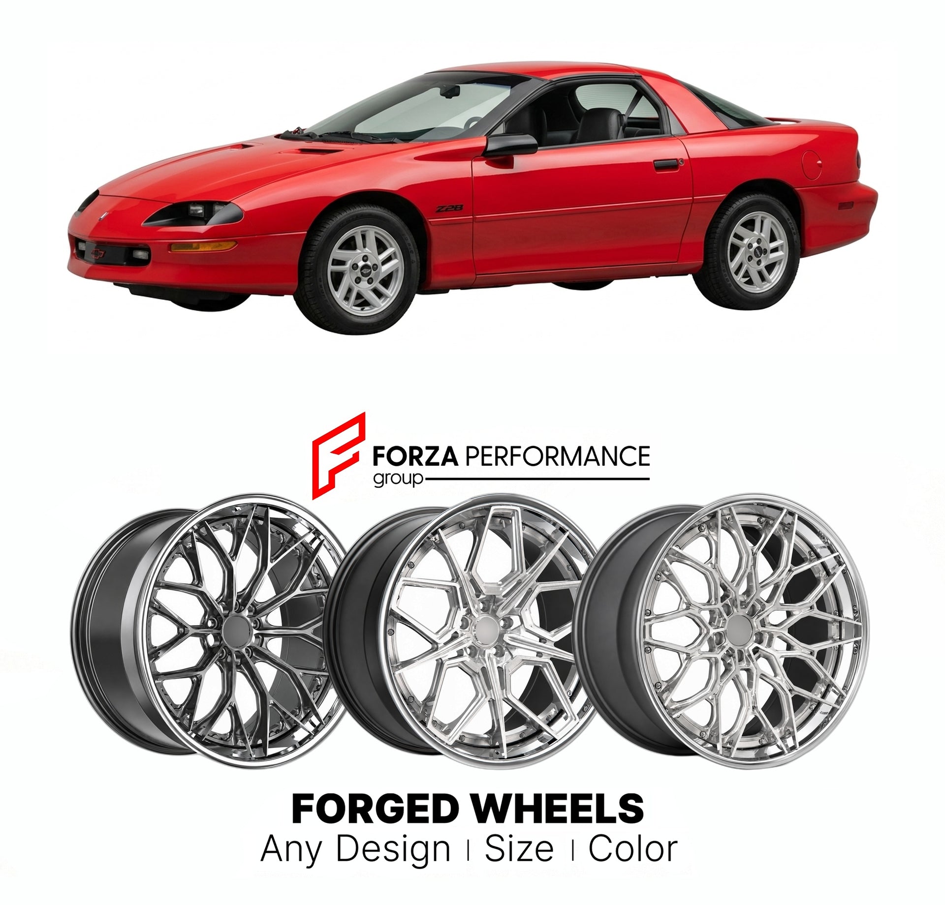 FORGED WHEELS RIMS for CHEVROLET CAMARO 1993 - 2002

Custom forged wheels for Chevrolet Camaro 1993 - 2002. Made-to-order monoblock, 2-piece and 3-piece rims in custom sizes, offsets, colors and finishes with guaranteed fitment.

We manufacture premium quality forged wheels rims for Chevrolet Camaro 1993 - 2002 in any design, size, color.

THIS WHEEL DESIGN CAN BE CUSTOM-MADE FOR YOUR CAR IN ANY SIZE AND COLOR OPTIONS
Available in monoblock, 2-piece, 3-piece, duoblock, beadlock
3D wheel renderings are provi