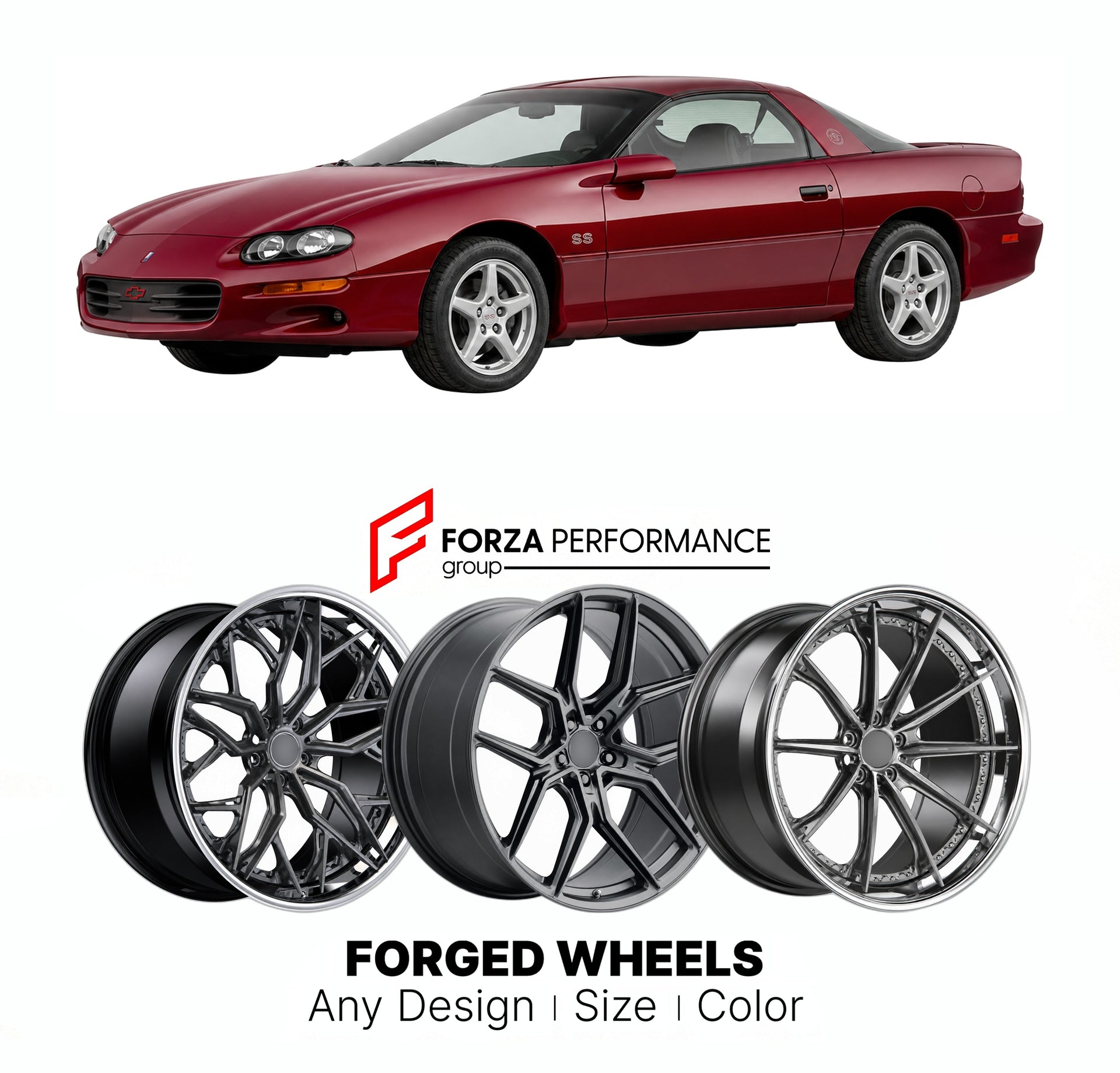 FORGED WHEELS RIMS for CHEVROLET CAMARO 35TH ANNIVERSARY SS 1993 - 2002

Custom forged wheels for Chevrolet Camaro 35th Anniversary SS 1993 - 2002. Made-to-order monoblock, 2-piece and 3-piece rims in custom sizes, offsets, colors and finishes with guaranteed fitment.

We manufacture premium quality forged wheels rims for Chevrolet Camaro 35th Anniversary SS 1993 - 2002 in any design, size, color.

THIS WHEEL DESIGN CAN BE CUSTOM-MADE FOR YOUR CAR IN ANY SIZE AND COLOR OPTIONS
Available in monoblock, 2-piec