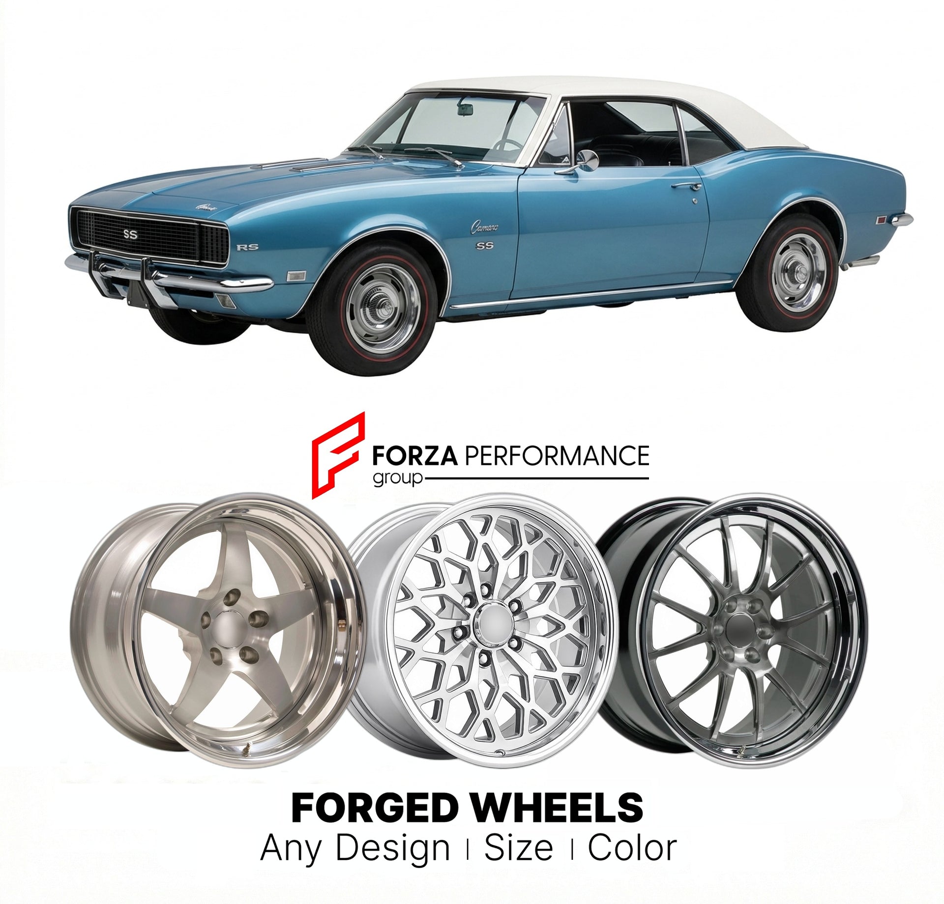 CUSTOM CLASSIC VINTAGE RESTOMOD RETRO OLD SCHOOL FORGED WHEELS RIMS for CHEVROLET CAMARO 1982 - 1990
Custom forged wheels for classic American muscle cars. Ideal for restomod builds, vintage restorations, and show cars. Deep dish and retro styling available.

We manufacture premium quality forged wheels rims for Chevrolet Camaro 1982 - 1990 in any design, size, color.

THIS WHEEL DESIGN CAN BE CUSTOM-MADE FOR YOUR CAR IN ANY SIZE AND COLOR OPTIONS
Available in monoblock, 2-piece, 3-piece, duoblock, beadlock