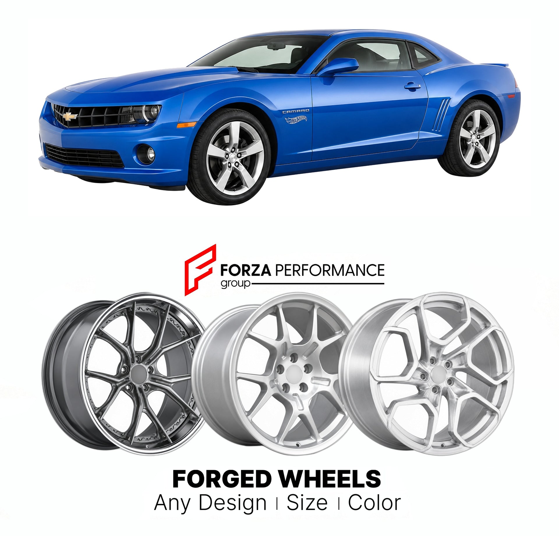 FORGED WHEELS RIMS for CHEVROLET CAMARO HOT WHEELS EDITION 2010 - 2015

Custom forged wheels for Chevrolet Camaro Hot Wheels Edition 2010 - 2015. Made-to-order monoblock, 2-piece and 3-piece rims in custom sizes, offsets, colors and finishes with guaranteed fitment.

We manufacture premium quality forged wheels rims for Chevrolet Camaro Hot Wheels Edition 2010 - 2015 in any design, size, color.

THIS WHEEL DESIGN CAN BE CUSTOM-MADE FOR YOUR CAR IN ANY SIZE AND COLOR OPTIONS
Available in monoblock, 2-piece, 