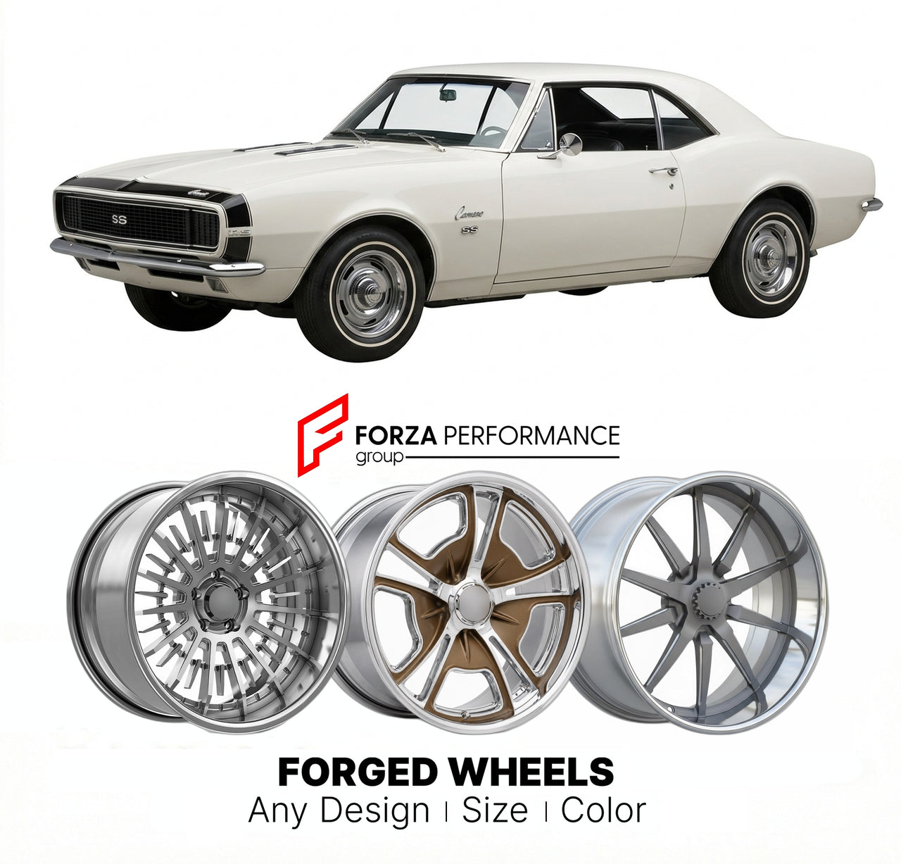 CUSTOM CLASSIC VINTAGE RESTOMOD RETRO OLD SCHOOL FORGED WHEELS RIMS for CHEVROLET CAMARO RS/SS 1967 - 1969
Custom forged wheels for classic American muscle cars. Ideal for restomod builds, vintage restorations, and show cars. Deep dish and retro styling available.

We manufacture premium quality forged wheels rims for Chevrolet Camaro RS/SS 1967 - 1969 in any design, size, color.

THIS WHEEL DESIGN CAN BE CUSTOM-MADE FOR YOUR CAR IN ANY SIZE AND COLOR OPTIONS
Available in monoblock, 2-piece, 3-piece, duoblo
