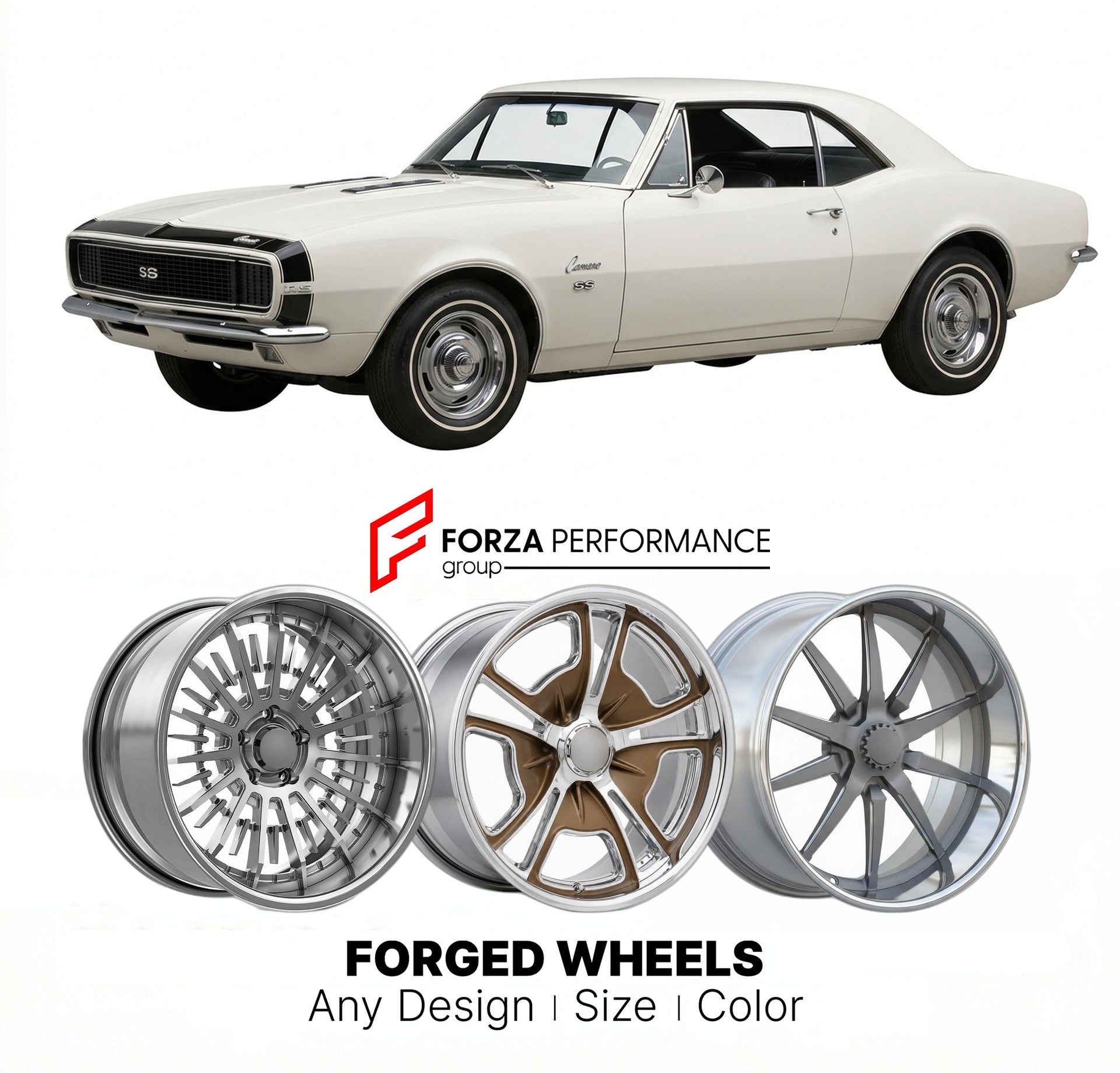 CUSTOM CLASSIC VINTAGE RESTOMOD RETRO OLD SCHOOL FORGED WHEELS RIMS for CHEVROLET CAMARO RS/SS 1967 - 1969
Custom forged wheels for classic American muscle cars. Ideal for restomod builds, vintage restorations, and show cars. Deep dish and retro styling available.

We manufacture premium quality forged wheels rims for Chevrolet Camaro RS/SS 1967 - 1969 in any design, size, color.

THIS WHEEL DESIGN CAN BE CUSTOM-MADE FOR YOUR CAR IN ANY SIZE AND COLOR OPTIONS
Available in monoblock, 2-piece, 3-piece, duoblo