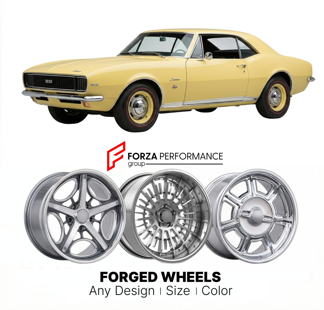 CUSTOM CLASSIC VINTAGE RESTOMOD RETRO OLD SCHOOL FORGED WHEELS RIMS for CHEVROLET CAMARO RS 1967 - 1969
Custom forged wheels for classic American muscle cars. Ideal for restomod builds, vintage restorations, and show cars. Deep dish and retro styling available.

We manufacture premium quality forged wheels rims for Chevrolet Camaro RS 1967 - 1969 in any design, size, color.

THIS WHEEL DESIGN CAN BE CUSTOM-MADE FOR YOUR CAR IN ANY SIZE AND COLOR OPTIONS
Available in monoblock, 2-piece, 3-piece, duoblock, be