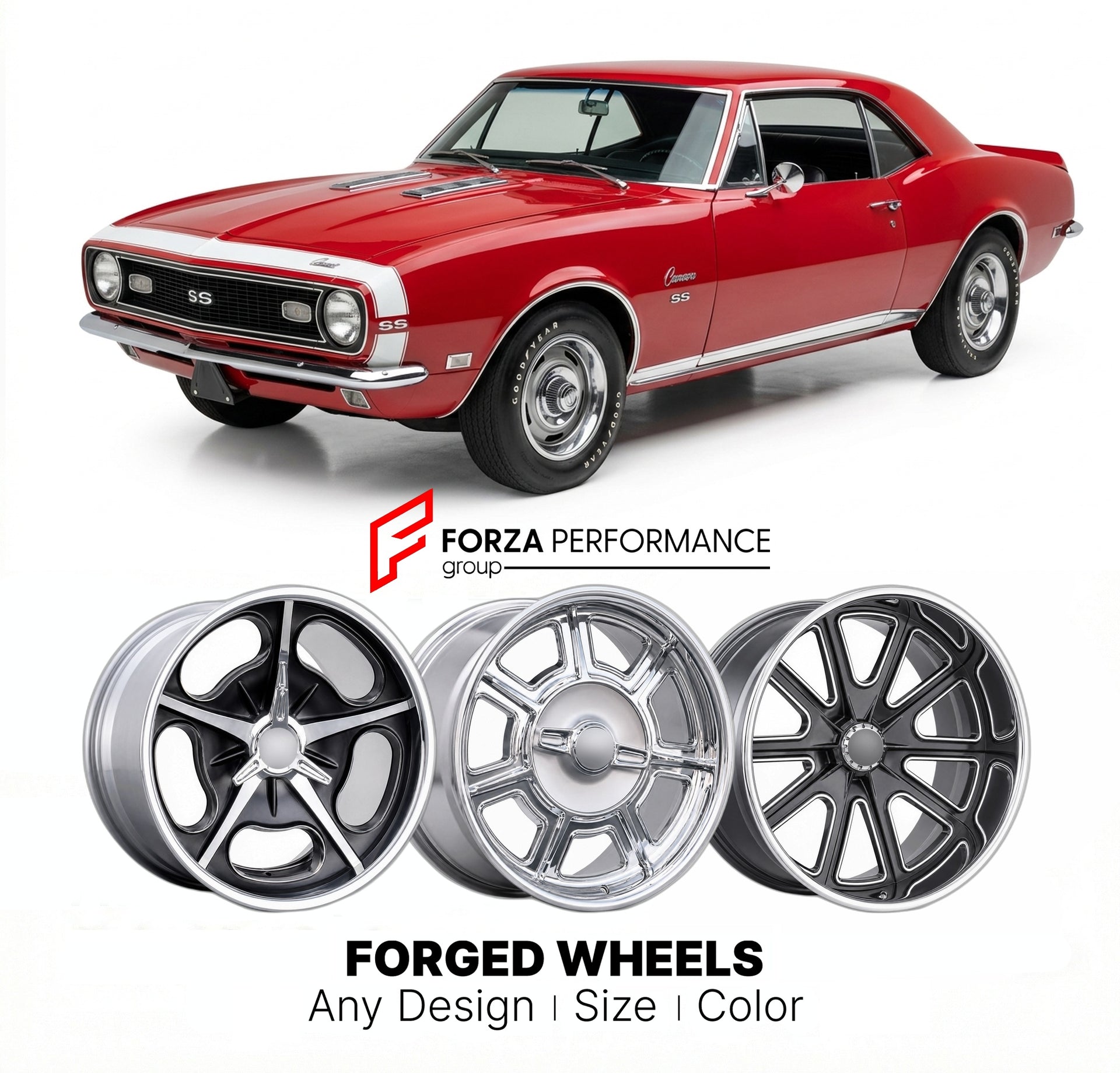 CUSTOM CLASSIC VINTAGE RESTOMOD RETRO OLD SCHOOL FORGED WHEELS RIMS for CHEVROLET CAMARO SS 1967 - 1969
Custom forged wheels for classic American muscle cars. Ideal for restomod builds, vintage restorations, and show cars. Deep dish and retro styling available.

We manufacture premium quality forged wheels rims for Chevrolet Camaro SS 1967 - 1969 in any design, size, color.

THIS WHEEL DESIGN CAN BE CUSTOM-MADE FOR YOUR CAR IN ANY SIZE AND COLOR OPTIONS
Available in monoblock, 2-piece, 3-piece, duoblock, be