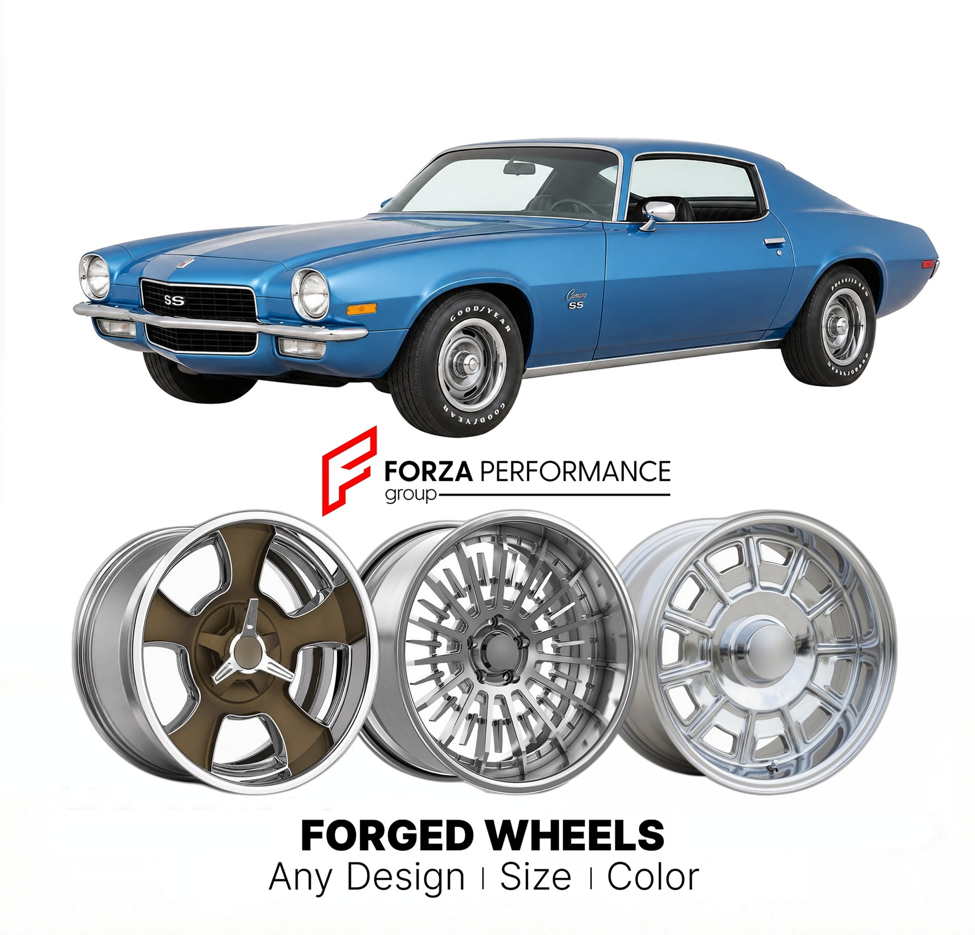 CUSTOM CLASSIC VINTAGE RESTOMOD RETRO OLD SCHOOL FORGED WHEELS RIMS for CHEVROLET CAMARO SS 1970 - 1974
Custom forged wheels for classic American muscle cars. Ideal for restomod builds, vintage restorations, and show cars. Deep dish and retro styling available.

We manufacture premium quality forged wheels rims for Chevrolet Camaro SS 1970 - 1974 in any design, size, color.

THIS WHEEL DESIGN CAN BE CUSTOM-MADE FOR YOUR CAR IN ANY SIZE AND COLOR OPTIONS
Available in monoblock, 2-piece, 3-piece, duoblock, be