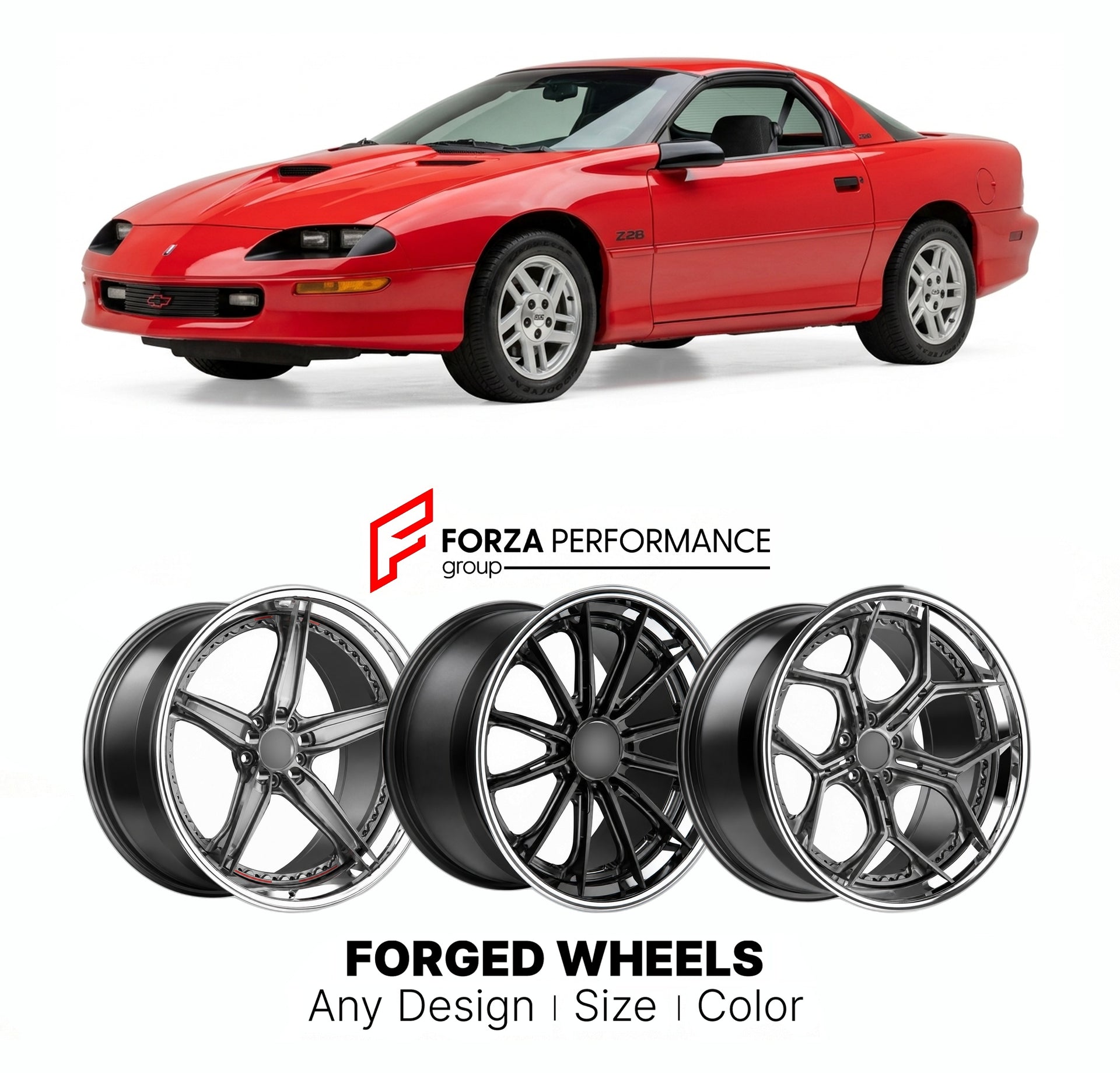 FORGED WHEELS RIMS for CHEVROLET CAMARO SS 1993 - 2002

Custom forged wheels for Chevrolet Camaro SS 1993 - 2002. Made-to-order monoblock, 2-piece and 3-piece rims in custom sizes, offsets, colors and finishes with guaranteed fitment.

We manufacture premium quality forged wheels rims for Chevrolet Camaro SS 1993 - 2002 in any design, size, color.

THIS WHEEL DESIGN CAN BE CUSTOM-MADE FOR YOUR CAR IN ANY SIZE AND COLOR OPTIONS
Available in monoblock, 2-piece, 3-piece, duoblock, beadlock
3D wheel renderings 