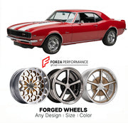 CUSTOM CLASSIC VINTAGE RESTOMOD RETRO OLD SCHOOL FORGED WHEELS RIMS for CHEVROLET CAMARO Z/28 1967 - 1969
Custom forged wheels for classic American muscle cars. Ideal for restomod builds, vintage restorations, and show cars. Deep dish and retro styling available.

We manufacture premium quality forged wheels rims for Chevrolet Camaro Z/28 1967 - 1969 in any design, size, color.

THIS WHEEL DESIGN CAN BE CUSTOM-MADE FOR YOUR CAR IN ANY SIZE AND COLOR OPTIONS
Available in monoblock, 2-piece, 3-piece, duoblock