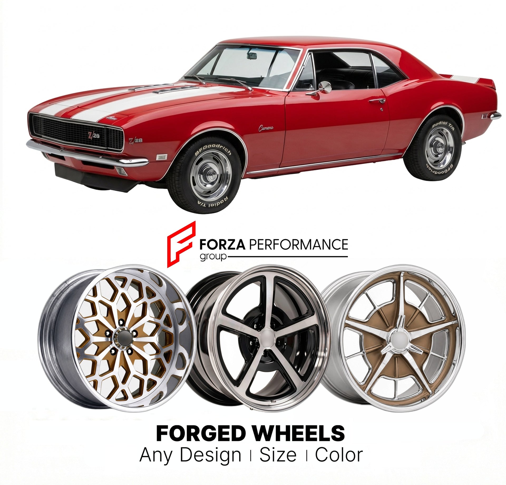 CUSTOM CLASSIC VINTAGE RESTOMOD RETRO OLD SCHOOL FORGED WHEELS RIMS for CHEVROLET CAMARO Z/28 1967 - 1969
Custom forged wheels for classic American muscle cars. Ideal for restomod builds, vintage restorations, and show cars. Deep dish and retro styling available.

We manufacture premium quality forged wheels rims for Chevrolet Camaro Z/28 1967 - 1969 in any design, size, color.

THIS WHEEL DESIGN CAN BE CUSTOM-MADE FOR YOUR CAR IN ANY SIZE AND COLOR OPTIONS
Available in monoblock, 2-piece, 3-piece, duoblock