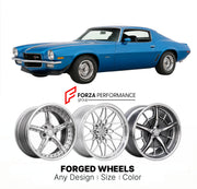 CUSTOM CLASSIC VINTAGE RESTOMOD RETRO OLD SCHOOL FORGED WHEELS RIMS for CHEVROLET CAMARO Z/28 1970 - 1974
Custom forged wheels for classic American muscle cars. Ideal for restomod builds, vintage restorations, and show cars. Deep dish and retro styling available.

We manufacture premium quality forged wheels rims for Chevrolet Camaro Z/28 1970 - 1974 in any design, size, color.

THIS WHEEL DESIGN CAN BE CUSTOM-MADE FOR YOUR CAR IN ANY SIZE AND COLOR OPTIONS
Available in monoblock, 2-piece, 3-piece, duoblock