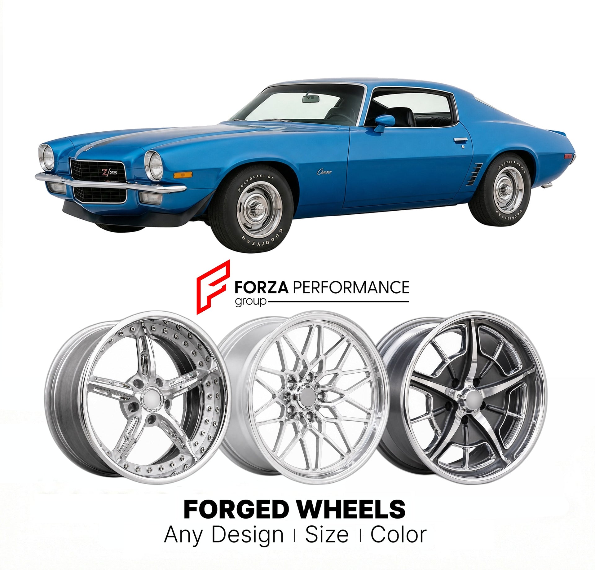 CUSTOM CLASSIC VINTAGE RESTOMOD RETRO OLD SCHOOL FORGED WHEELS RIMS for CHEVROLET CAMARO Z/28 1970 - 1974
Custom forged wheels for classic American muscle cars. Ideal for restomod builds, vintage restorations, and show cars. Deep dish and retro styling available.

We manufacture premium quality forged wheels rims for Chevrolet Camaro Z/28 1970 - 1974 in any design, size, color.

THIS WHEEL DESIGN CAN BE CUSTOM-MADE FOR YOUR CAR IN ANY SIZE AND COLOR OPTIONS
Available in monoblock, 2-piece, 3-piece, duoblock