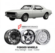 CUSTOM CLASSIC VINTAGE RESTOMOD RETRO OLD SCHOOL FORGED WHEELS RIMS for CHEVROLET CAMARO Z28 1967 - 1969
Custom forged wheels for classic American muscle cars. Ideal for restomod builds, vintage restorations, and show cars. Deep dish and retro styling available.

We manufacture premium quality forged wheels rims for Chevrolet Camaro Z28 1967 - 1969 in any design, size, color.

THIS WHEEL DESIGN CAN BE CUSTOM-MADE FOR YOUR CAR IN ANY SIZE AND COLOR OPTIONS
Available in monoblock, 2-piece, 3-piece, duoblock, 