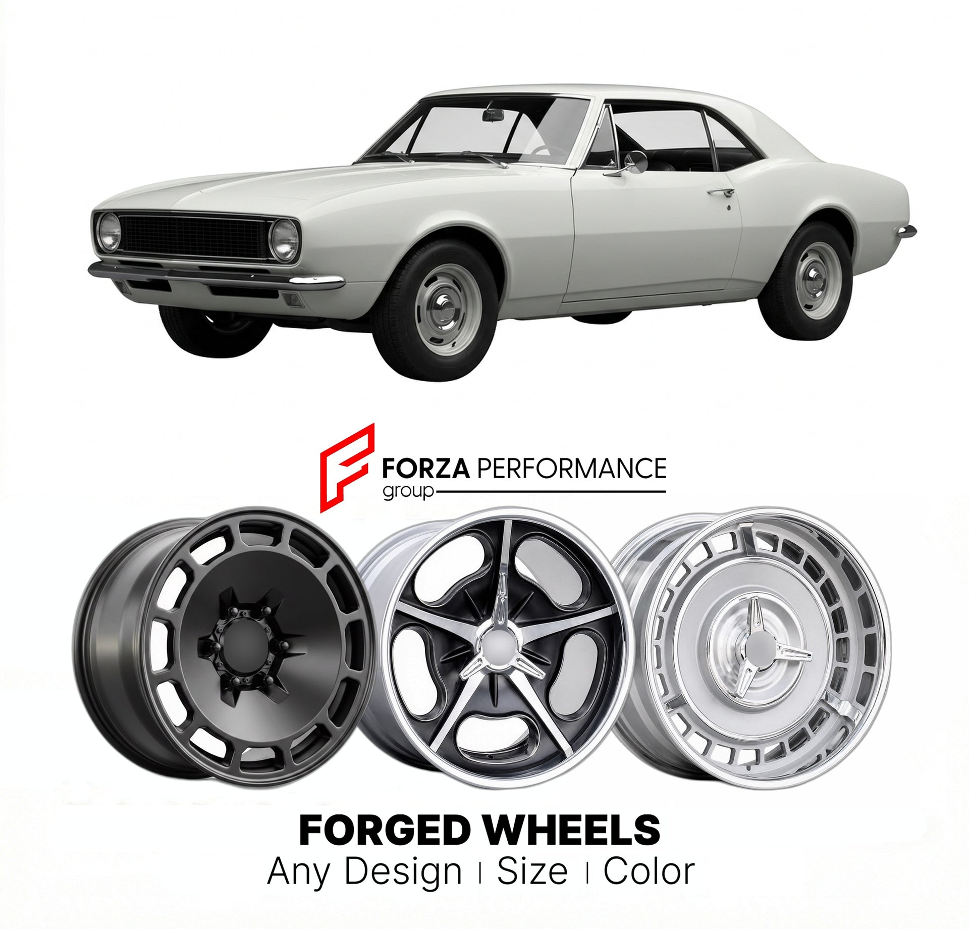CUSTOM CLASSIC VINTAGE RESTOMOD RETRO OLD SCHOOL FORGED WHEELS RIMS for CHEVROLET CAMARO Z28 1967 - 1969
Custom forged wheels for classic American muscle cars. Ideal for restomod builds, vintage restorations, and show cars. Deep dish and retro styling available.

We manufacture premium quality forged wheels rims for Chevrolet Camaro Z28 1967 - 1969 in any design, size, color.

THIS WHEEL DESIGN CAN BE CUSTOM-MADE FOR YOUR CAR IN ANY SIZE AND COLOR OPTIONS
Available in monoblock, 2-piece, 3-piece, duoblock, 