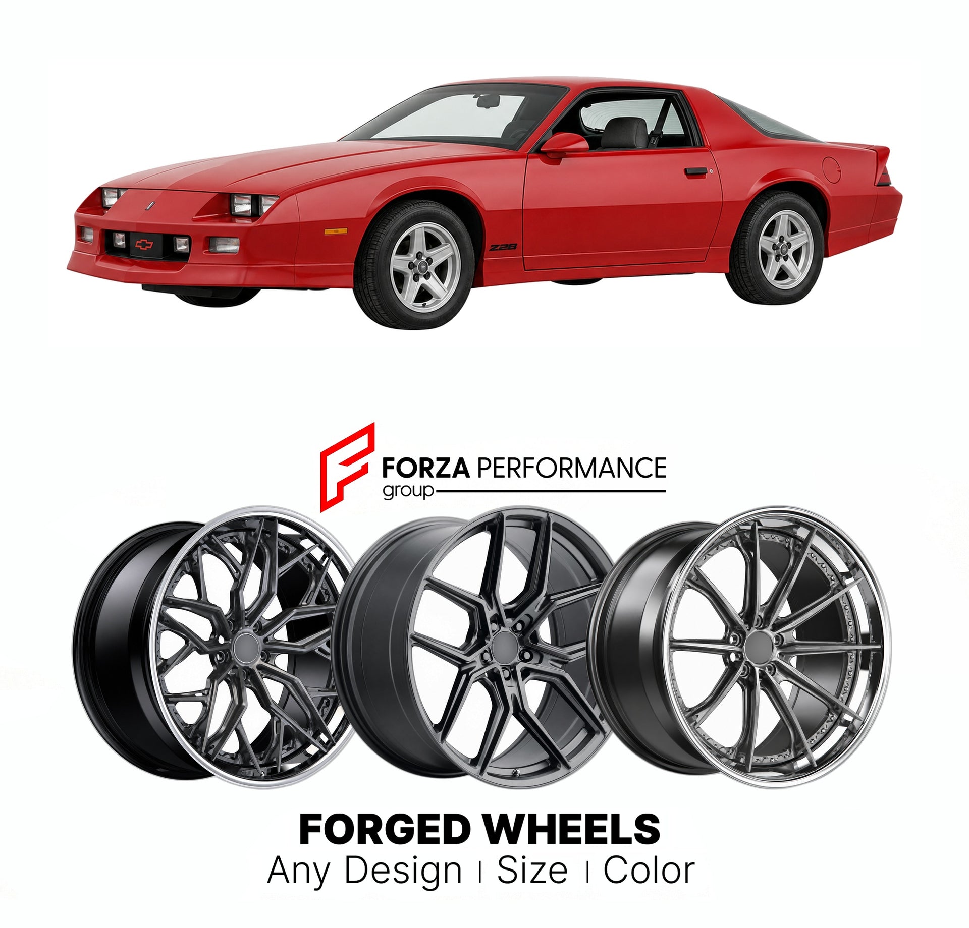 FORGED WHEELS RIMS for CHEVROLET CAMARO Z28 1990 - 1992

Custom forged wheels for Chevrolet Camaro Z28 1990 - 1992. Made-to-order monoblock, 2-piece and 3-piece rims in custom sizes, offsets, colors and finishes with guaranteed fitment.

We manufacture premium quality forged wheels rims for Chevrolet Camaro Z28 1990 - 1992 in any design, size, color.

THIS WHEEL DESIGN CAN BE CUSTOM-MADE FOR YOUR CAR IN ANY SIZE AND COLOR OPTIONS
Available in monoblock, 2-piece, 3-piece, duoblock, beadlock
3D wheel renderin