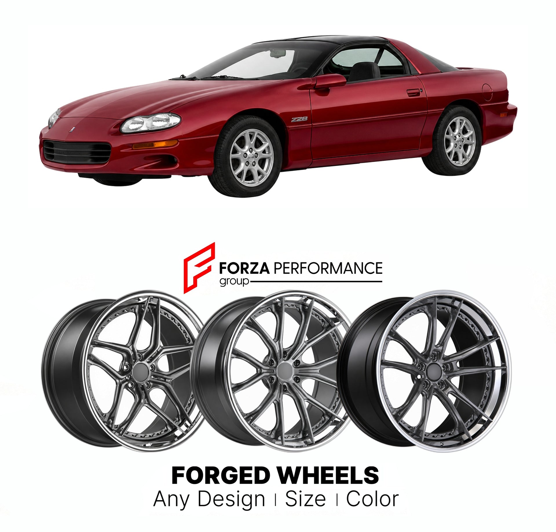 FORGED WHEELS RIMS for CHEVROLET CAMARO Z28 1993 - 2002

Custom forged wheels for Chevrolet Camaro Z28 1993 - 2002. Made-to-order monoblock, 2-piece and 3-piece rims in custom sizes, offsets, colors and finishes with guaranteed fitment.

We manufacture premium quality forged wheels rims for Chevrolet Camaro Z28 1993 - 2002 in any design, size, color.

THIS WHEEL DESIGN CAN BE CUSTOM-MADE FOR YOUR CAR IN ANY SIZE AND COLOR OPTIONS
Available in monoblock, 2-piece, 3-piece, duoblock, beadlock
3D wheel renderin