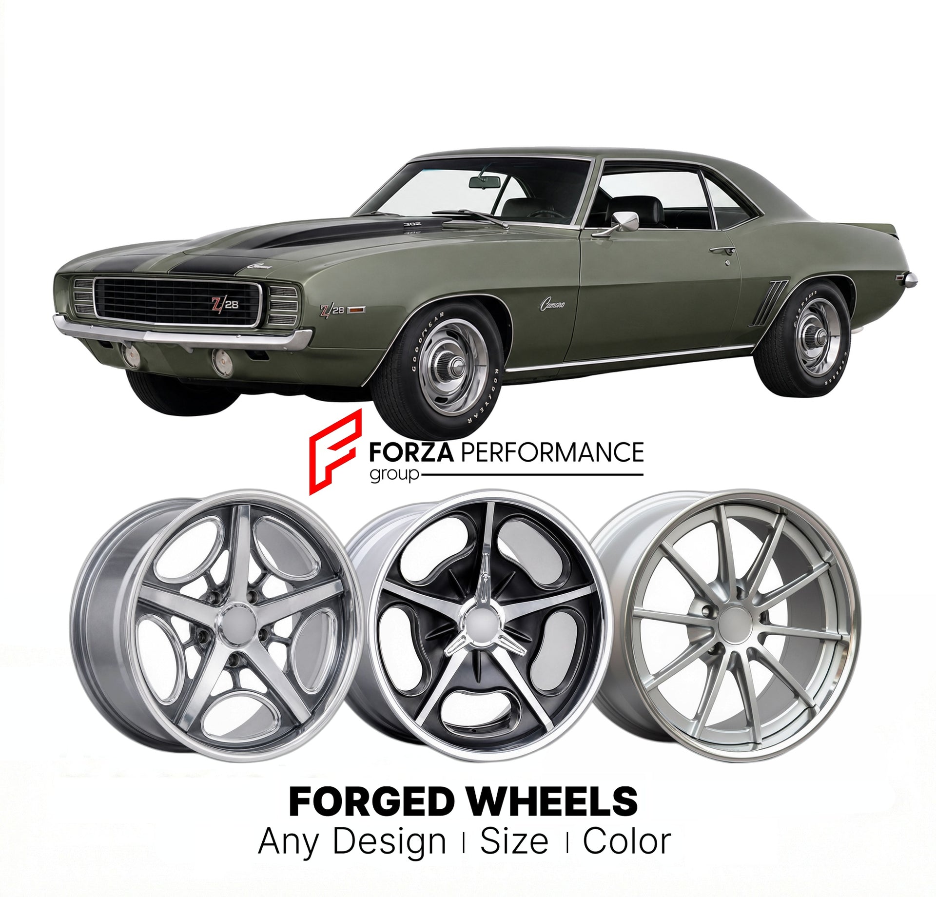 CUSTOM CLASSIC VINTAGE RESTOMOD RETRO OLD SCHOOL FORGED WHEELS RIMS for CHEVROLET CAMARO ZL1 1969 - 1969
Custom forged wheels for classic American muscle cars. Ideal for restomod builds, vintage restorations, and show cars. Deep dish and retro styling available.

We manufacture premium quality forged wheels rims for Chevrolet Camaro ZL1 1969 - 1969 in any design, size, color.

THIS WHEEL DESIGN CAN BE CUSTOM-MADE FOR YOUR CAR IN ANY SIZE AND COLOR OPTIONS
Available in monoblock, 2-piece, 3-piece, duoblock, 