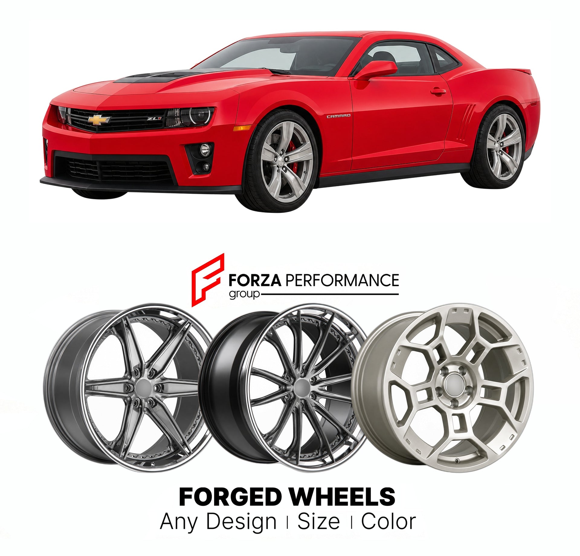 FORGED WHEELS RIMS for CHEVROLET CAMARO ZL1 2010 - 2015

Custom forged wheels for Chevrolet Camaro ZL1 2010 - 2015. Made-to-order monoblock, 2-piece and 3-piece rims in custom sizes, offsets, colors and finishes with guaranteed fitment.

We manufacture premium quality forged wheels rims for Chevrolet Camaro ZL1 2010 - 2015 in any design, size, color.

THIS WHEEL DESIGN CAN BE CUSTOM-MADE FOR YOUR CAR IN ANY SIZE AND COLOR OPTIONS
Available in monoblock, 2-piece, 3-piece, duoblock, beadlock
3D wheel renderin