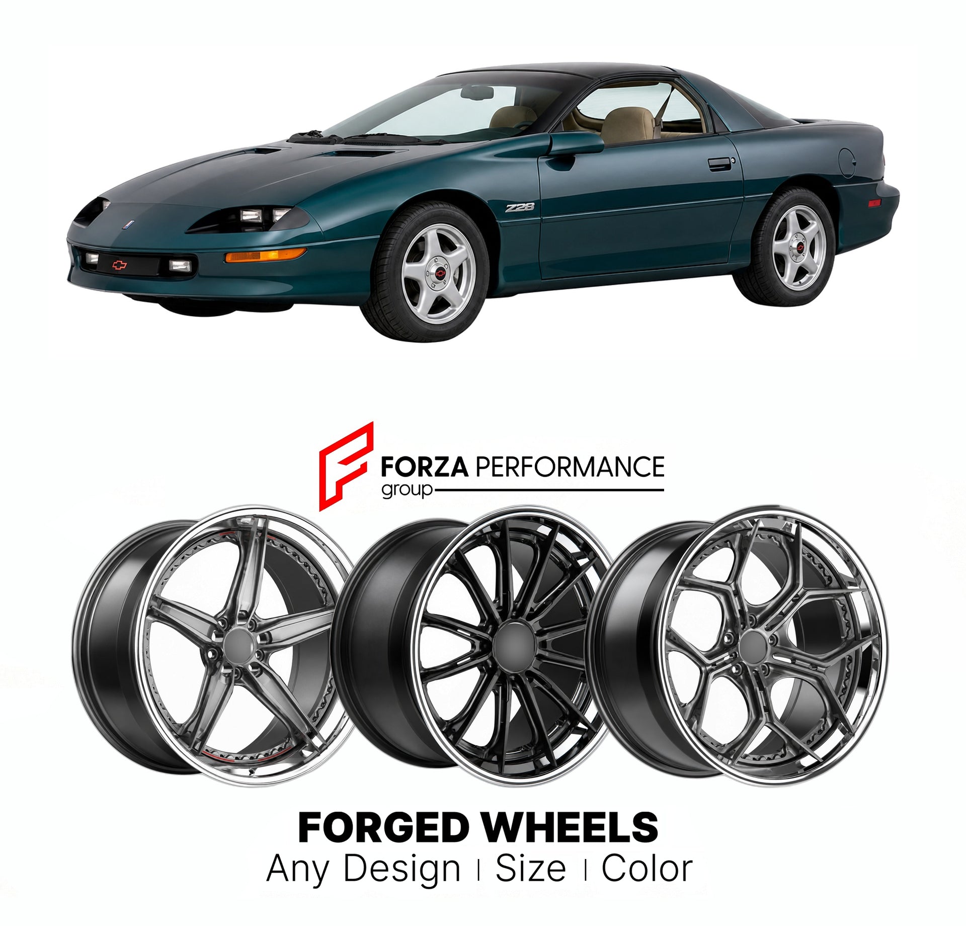 FORGED WHEELS RIMS for CHEVROLET CAMARO Z 28 1993 - 2002

Custom forged wheels for Chevrolet Camaro Z 28 1993 - 2002. Made-to-order monoblock, 2-piece and 3-piece rims in custom sizes, offsets, colors and finishes with guaranteed fitment.

We manufacture premium quality forged wheels rims for Chevrolet Camaro Z 28 1993 - 2002 in any design, size, color.

THIS WHEEL DESIGN CAN BE CUSTOM-MADE FOR YOUR CAR IN ANY SIZE AND COLOR OPTIONS
Available in monoblock, 2-piece, 3-piece, duoblock, beadlock
3D wheel rende