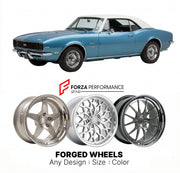 CUSTOM CLASSIC VINTAGE RESTOMOD RETRO OLD SCHOOL FORGED WHEELS RIMS for CHEVROLET CAMARO 1970 - 1981
Custom forged wheels for classic American muscle cars. Ideal for restomod builds, vintage restorations, and show cars. Deep dish and retro styling available.

We manufacture premium quality forged wheels rims for Chevrolet Camaro 1970 - 1981 in any design, size, color.

THIS WHEEL DESIGN CAN BE CUSTOM-MADE FOR YOUR CAR IN ANY SIZE AND COLOR OPTIONS
Available in monoblock, 2-piece, 3-piece, duoblock, beadlock