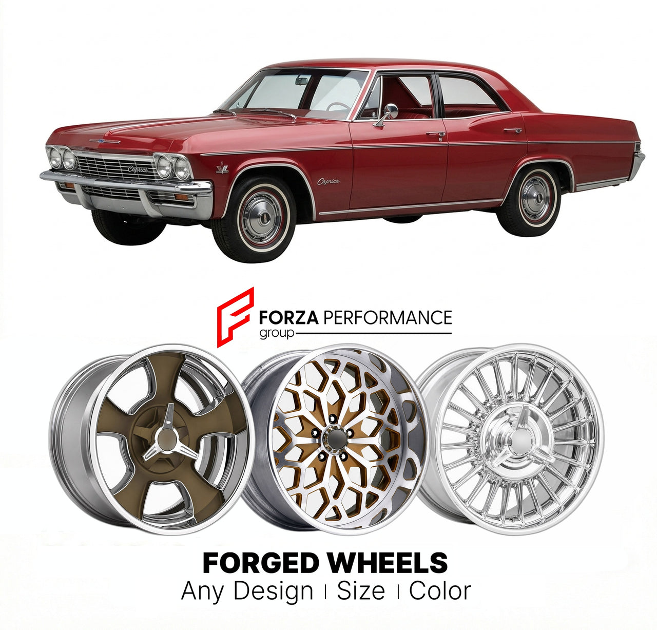 CUSTOM CLASSIC VINTAGE RESTOMOD RETRO OLD SCHOOL FORGED WHEELS RIMS for CHEVROLET CAPRICE 1965 - 1970
Custom forged wheels for classic American muscle cars. Ideal for restomod builds, vintage restorations, and show cars. Deep dish and retro styling available.

We manufacture premium quality forged wheels rims for Chevrolet Caprice 1965 - 1970 in any design, size, color.

THIS WHEEL DESIGN CAN BE CUSTOM-MADE FOR YOUR CAR IN ANY SIZE AND COLOR OPTIONS
Available in monoblock, 2-piece, 3-piece, duoblock, beadlo